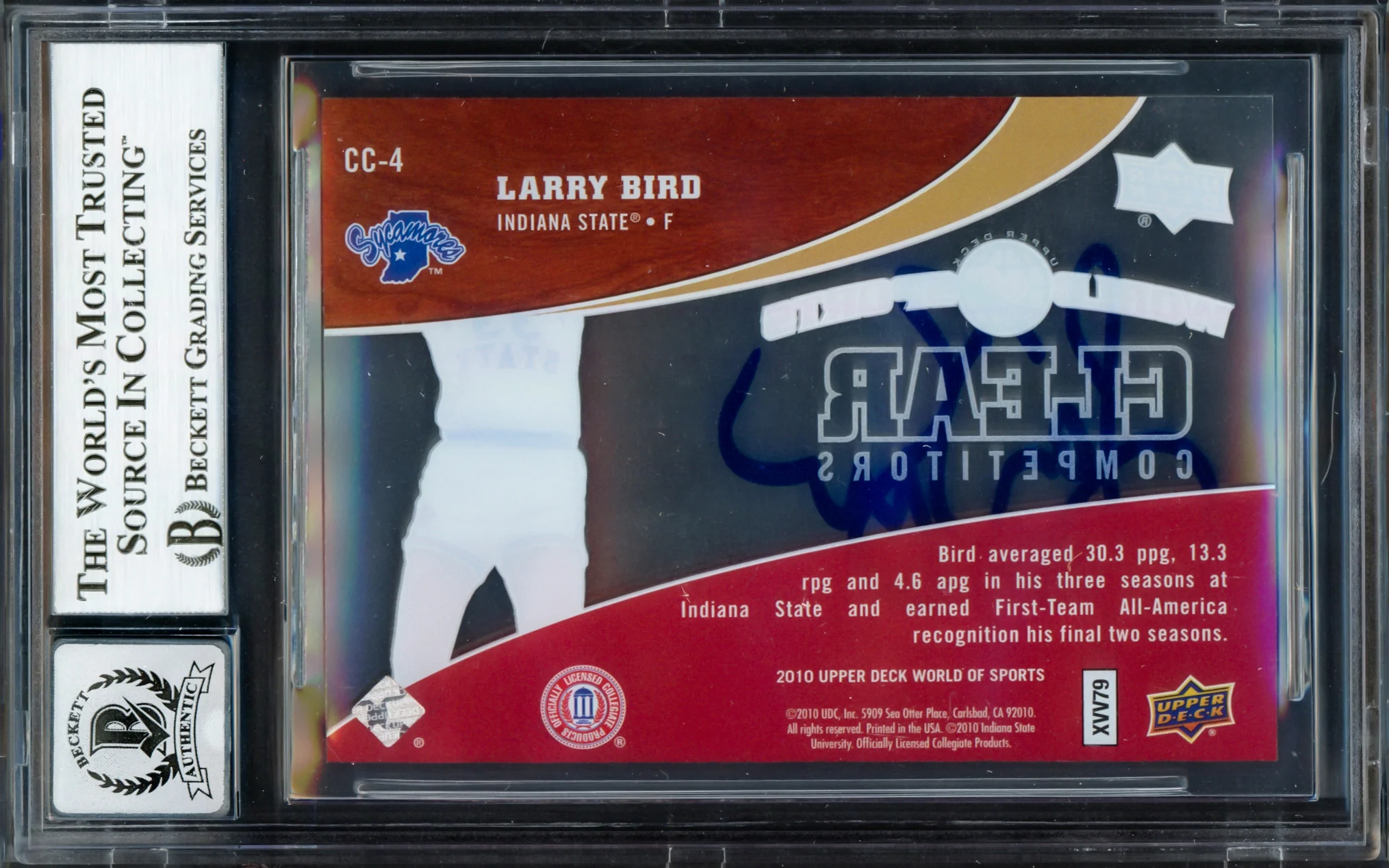Larry Bird Autographed 2010 Upper Deck World of Sports Clear Competitors Card #CC4 Boston Celtics Auto Grade Gem Mint 10 #264/550 Beckett BAS Witness #16862768 - Image 2