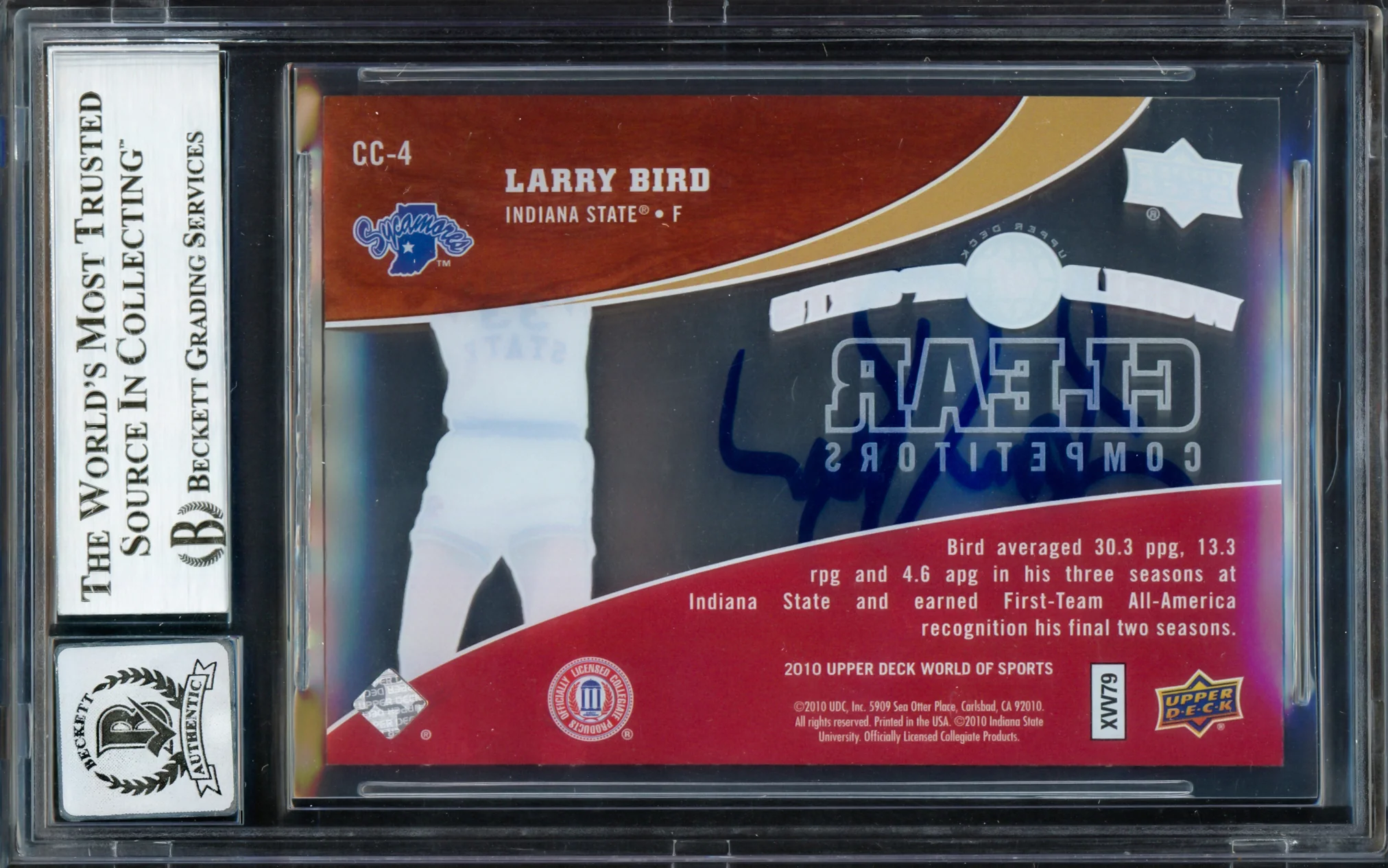Larry Bird Autographed 2010 Upper Deck World of Sports Clear Competitors Card #CC4 Boston Celtics Auto Grade Gem Mint 10 #513/550 Beckett BAS Witness #16862769 - Image 2