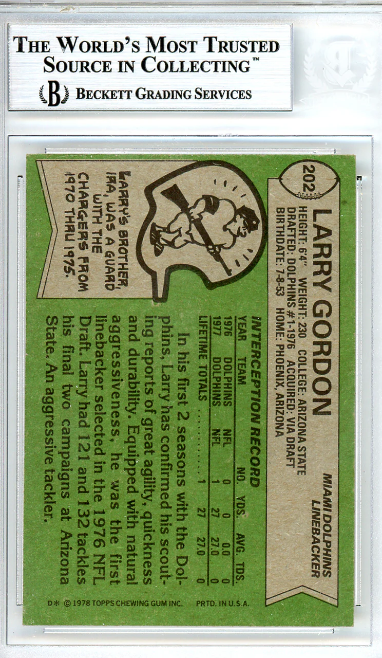 Larry Gordon Autographed 1978 Topps Card #202 Miami Dolphins Beckett BAS #10712033 - Image 2