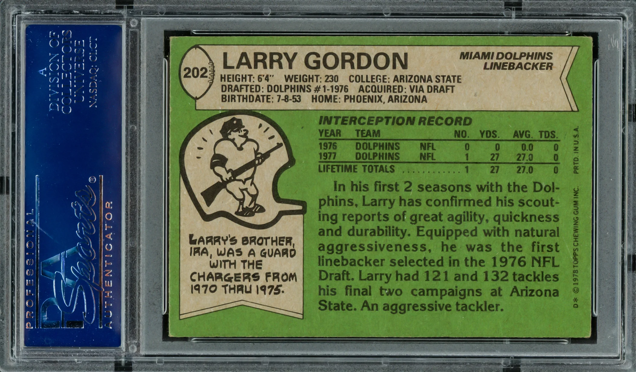 Larry Gordon Autographed 1978 Topps Card #202 Miami Dolphins PSA/DNA #83469795 - Image 2