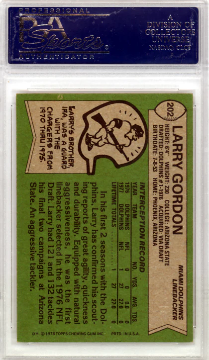 Larry Gordon Autographed 1978 Topps Rookie Card #202 Miami Dolphins PSA/DNA #83469793 - Image 2