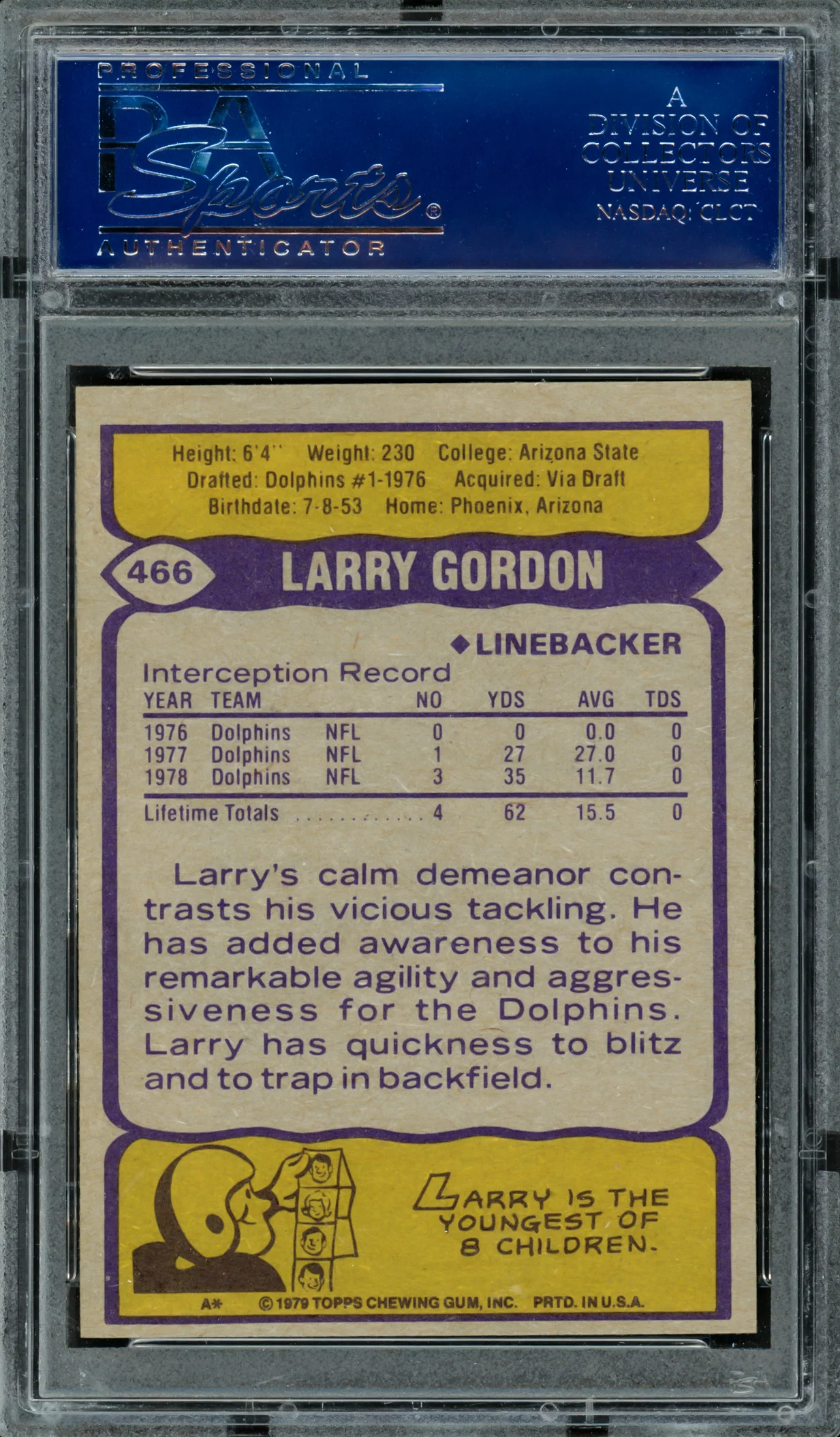 Larry Gordon Autographed 1979 Topps Card #466 Miami Dolphins PSA/DNA #83469790 - Image 2