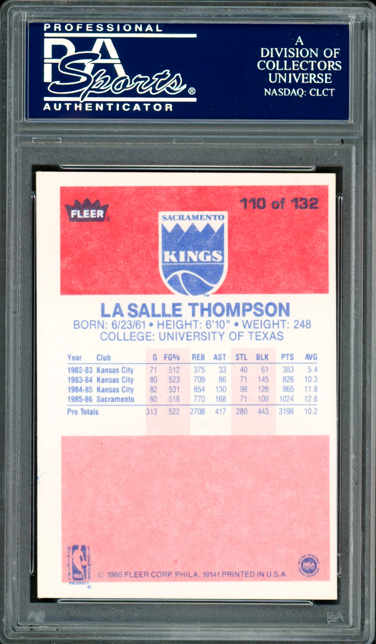 LaSalle Thompson Autographed 1986-87 Fleer Card #110 Sacramento Kings PSA/DNA #83717094 - Image 2