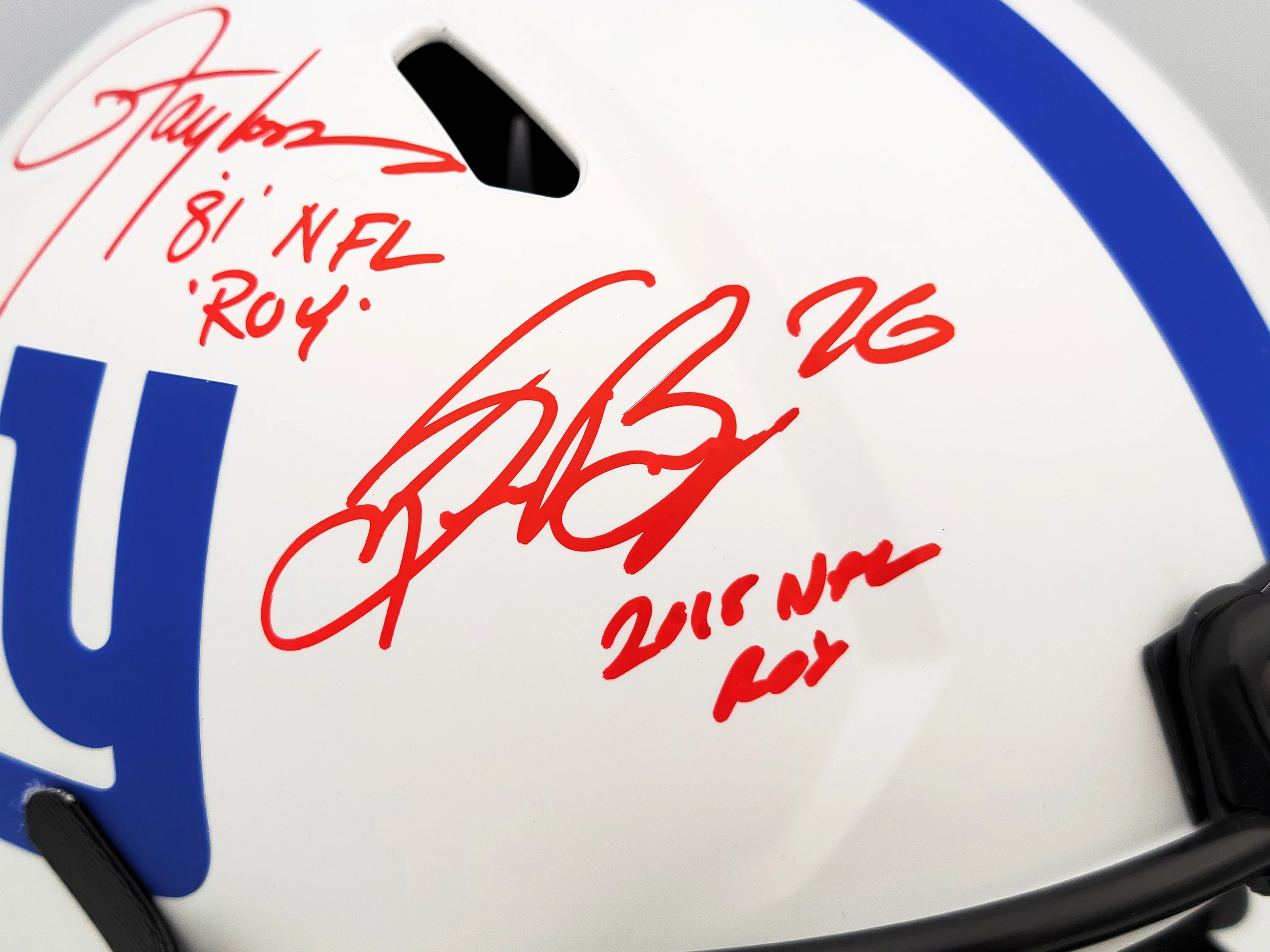 Lawrence Taylor & Saquon Barkley Autographed New York Giants Lunar Eclipse White Full Size Replica Speed Helmet "NFL ROY" Beckett BAS QR Stock #202989 - Image 3