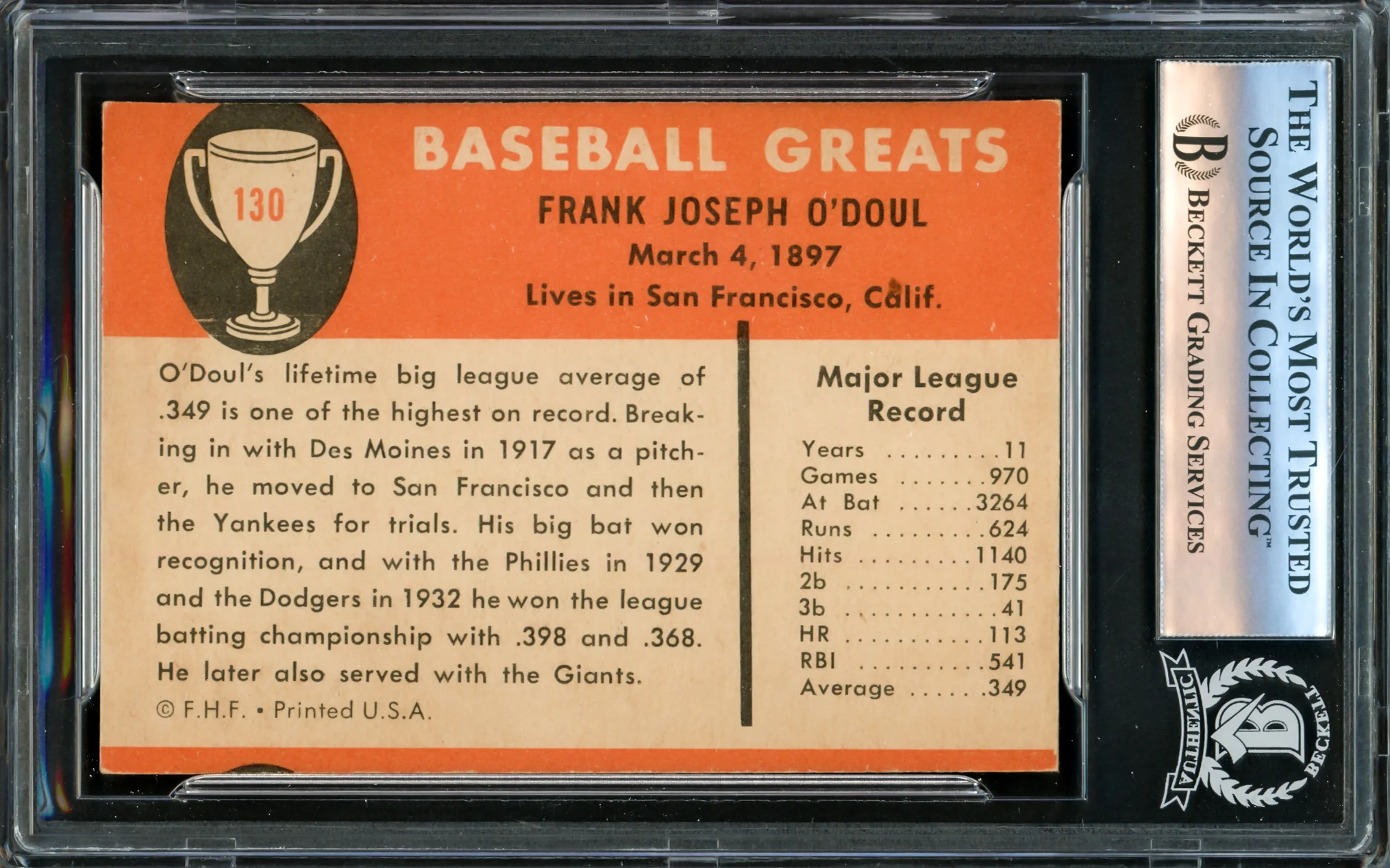 Lefty O'Doul Autographed 1961 Fleer Card #130 Philadelphia Phillies Beckett BAS #16177165 - Image 2