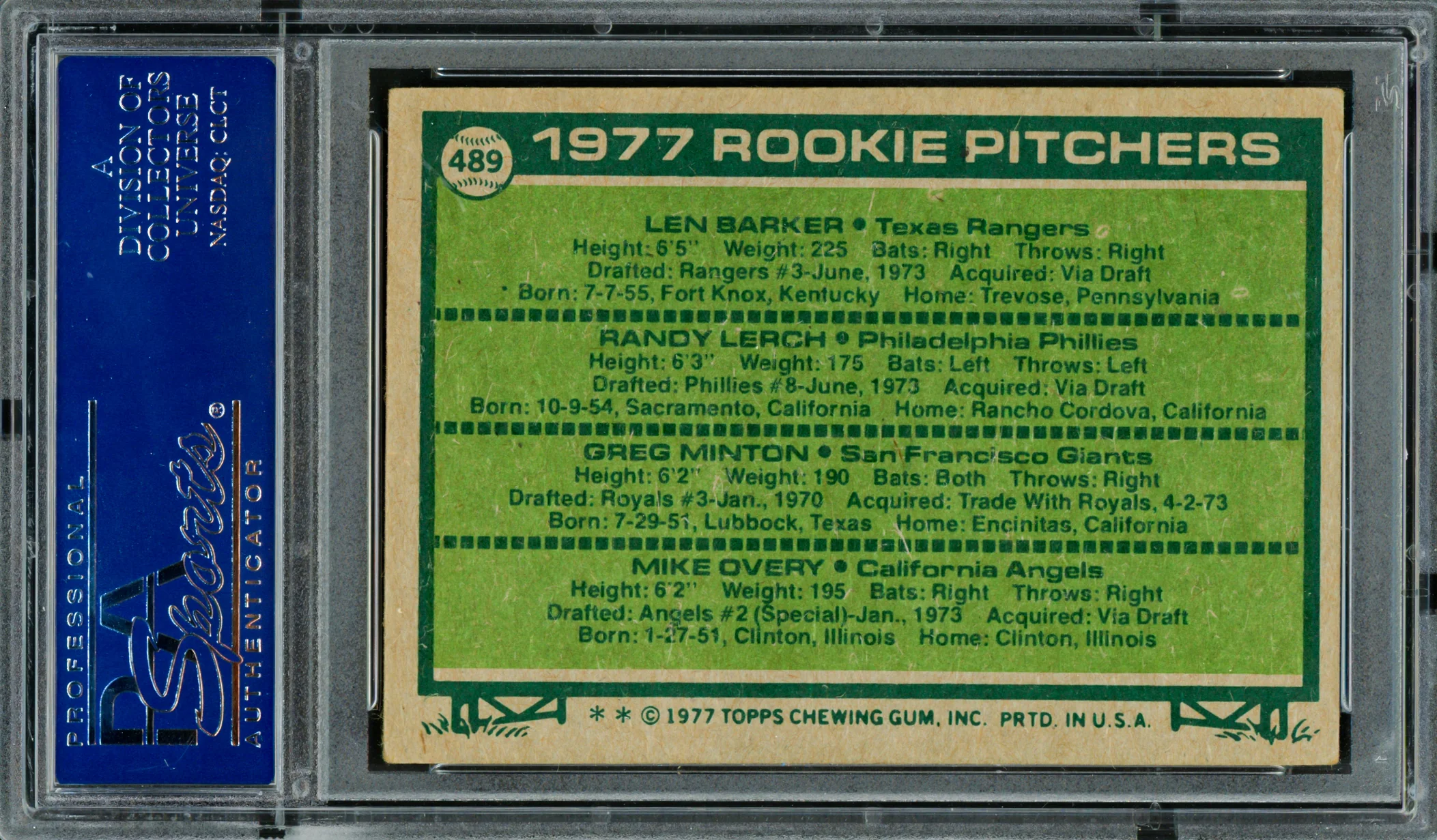 Len Barker, Randy Lerch & Greg Minton Autographed 1977 Topps Rookie Card #489 PSA/DNA #83319384 - Image 2