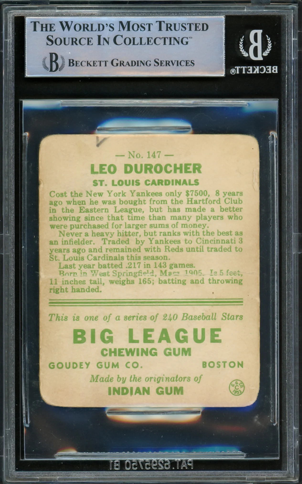Leo Durocher Autographed 1933 Goudey Rookie Card #147 St. Louis Cardinals Beckett BAS #15866532 - Image 2