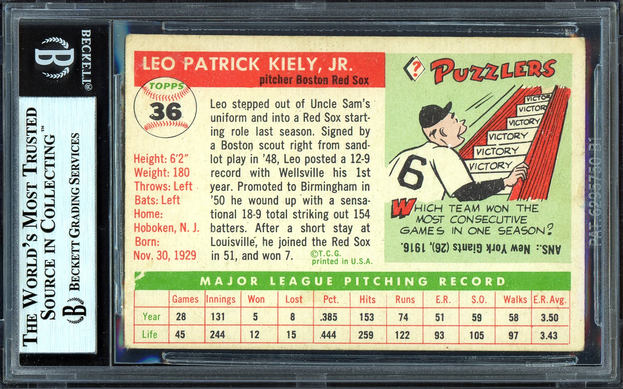 Leo Kiely Autographed 1955 Topps Card #36 Boston Red Sox Beckett BAS #13610054 - Image 2