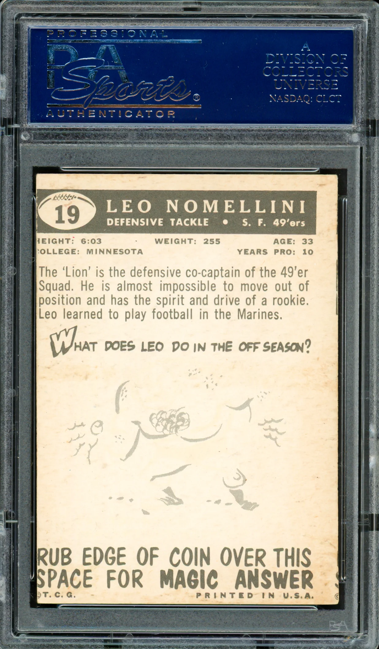 Leo Nomellini Autographed 1959 Topps Card #19 San Francisco 49ers PSA/DNA #83313492 - Image 2