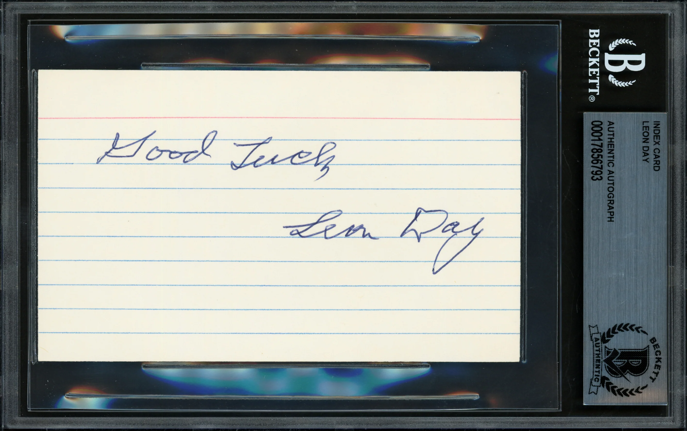 Leon Day Autographed 3x5 Index Card Negro Leagues "Good Luck" Beckett BAS #17856793