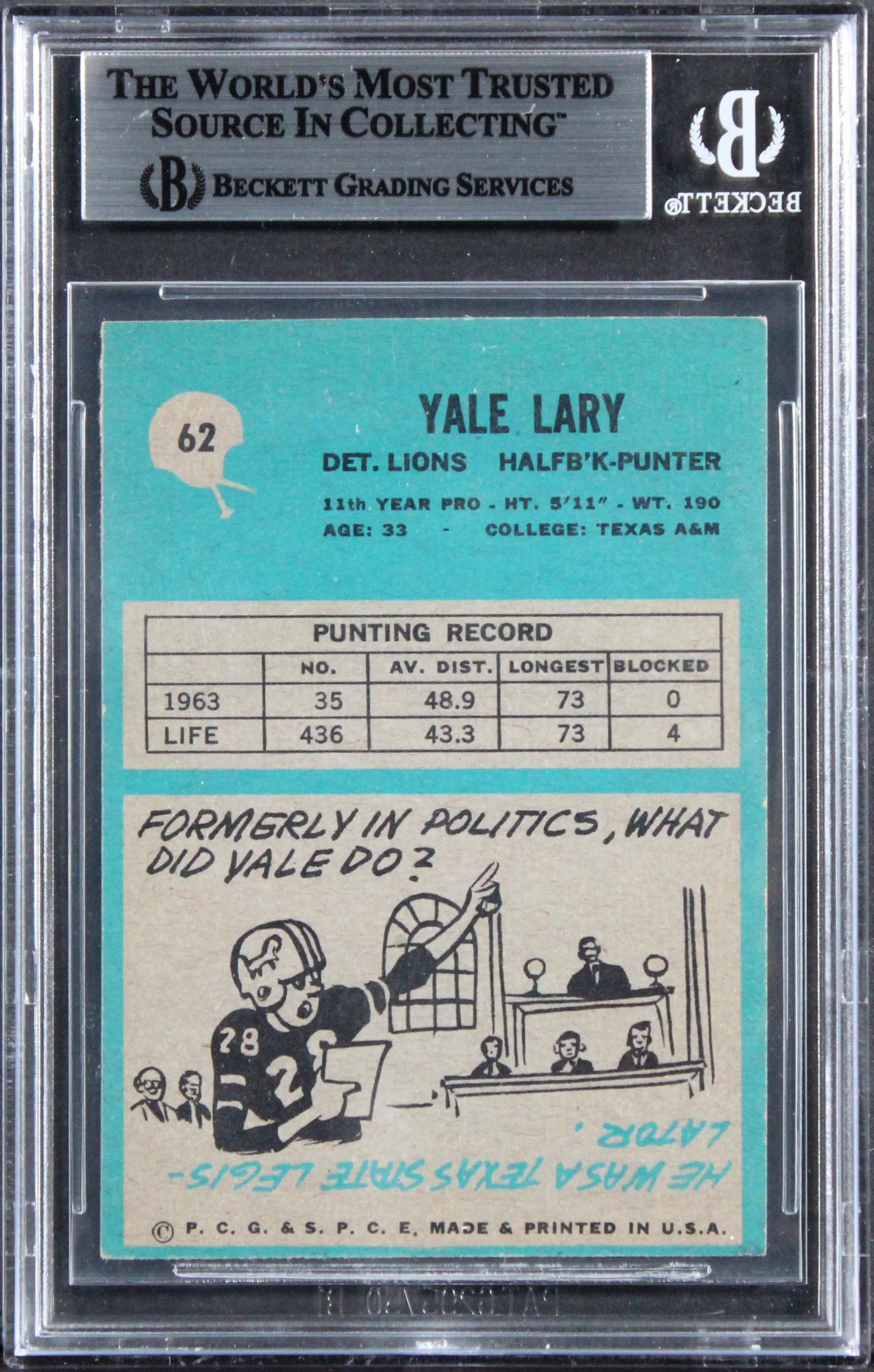 Lions Yale Lary Authentic 1964 Philadelphia #62 Card Autographed BAS Slabbed - Image 3