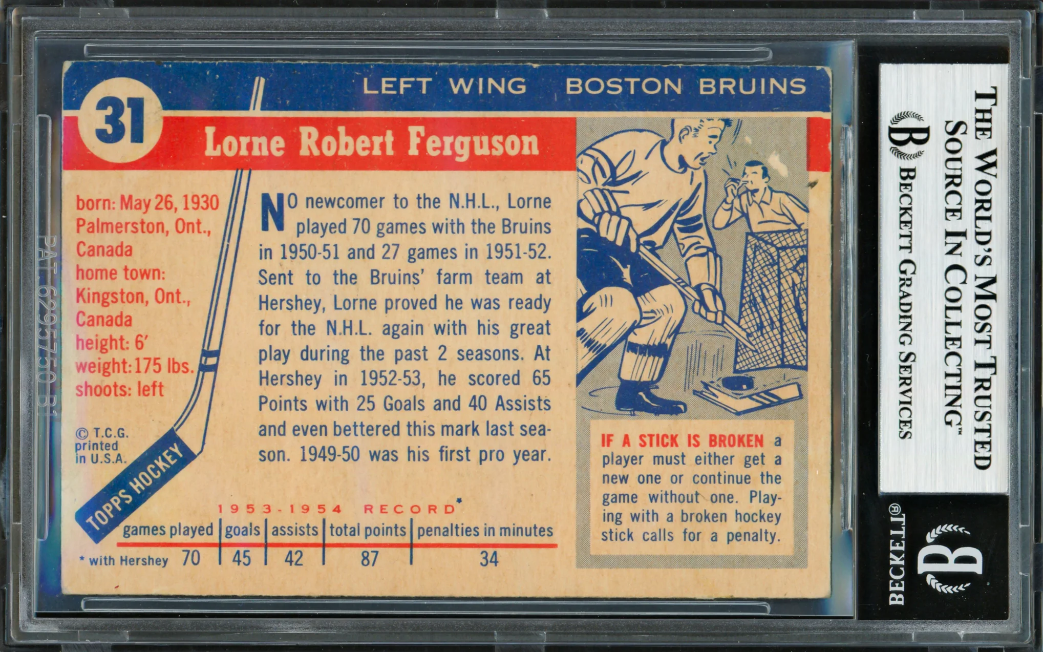 Lorne Ferguson Autographed 1954-55 Topps Card #31 Boston Bruins Beckett BAS #19207559 - Image 2