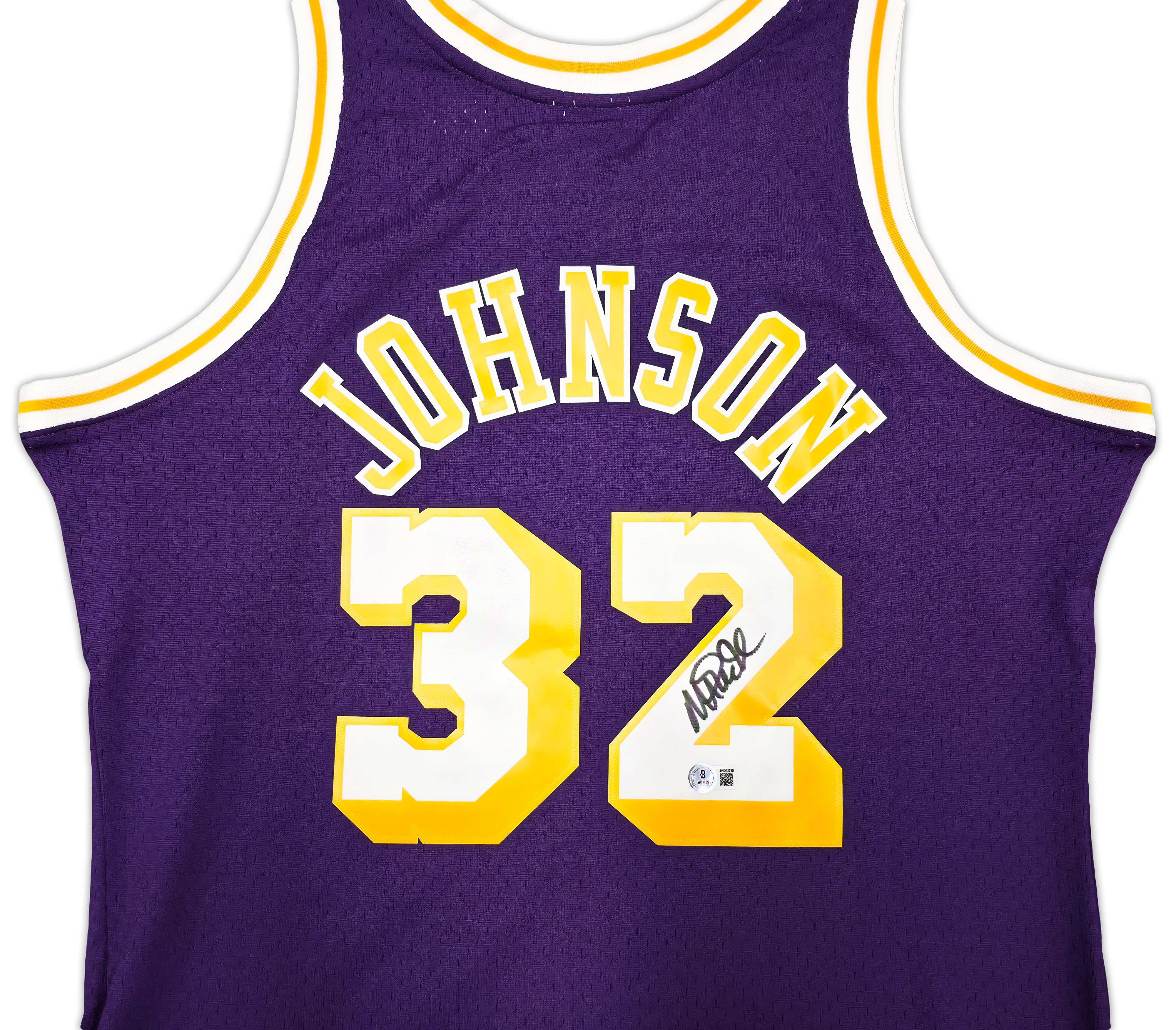 Los Angeles Lakers Magic Johnson Autographed Purple Authentic Mitchell & Ness 1984-85 Hardwood Classic Swingman Jersey Size L Beckett BAS Witness Stock #256707 - Image 3