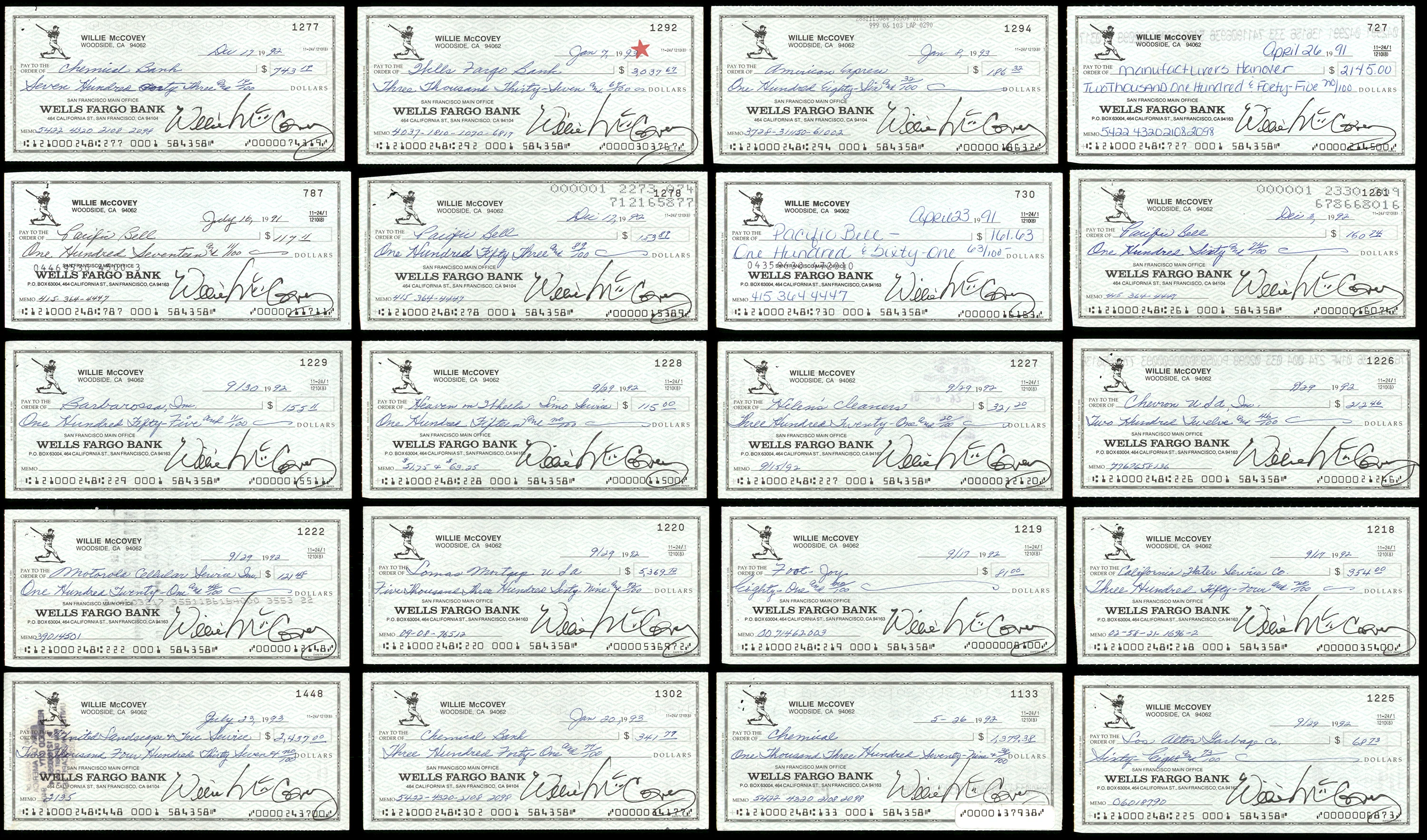 Lot of 20 Willie McCovey Autographed 3x6 Checks San Francisco Giants SKU #219425