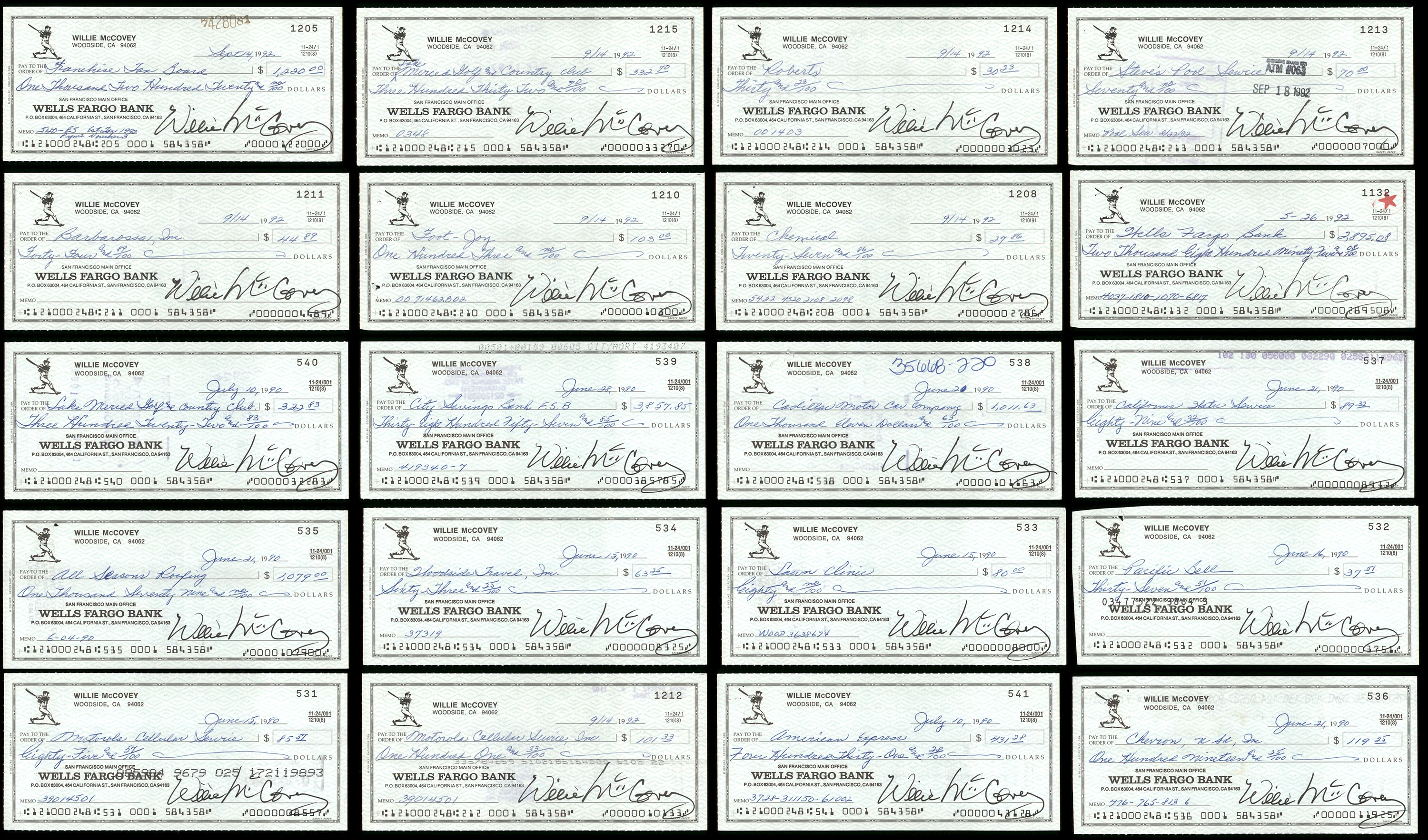 Lot of 20 Willie McCovey Autographed 3x6 Checks San Francisco Giants SKU #219427