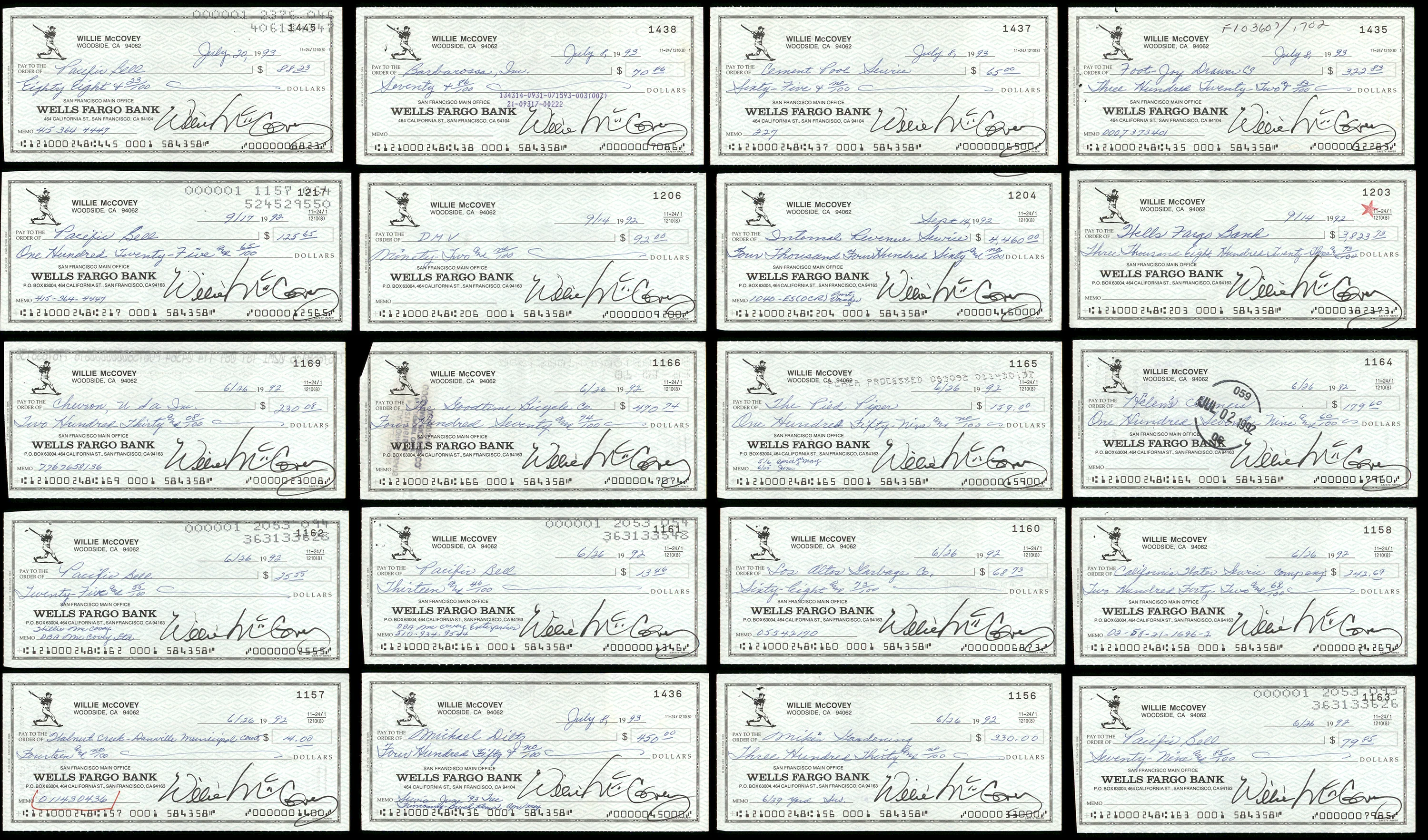 Lot of 20 Willie McCovey Autographed 3x6 Checks San Francisco Giants SKU #219428