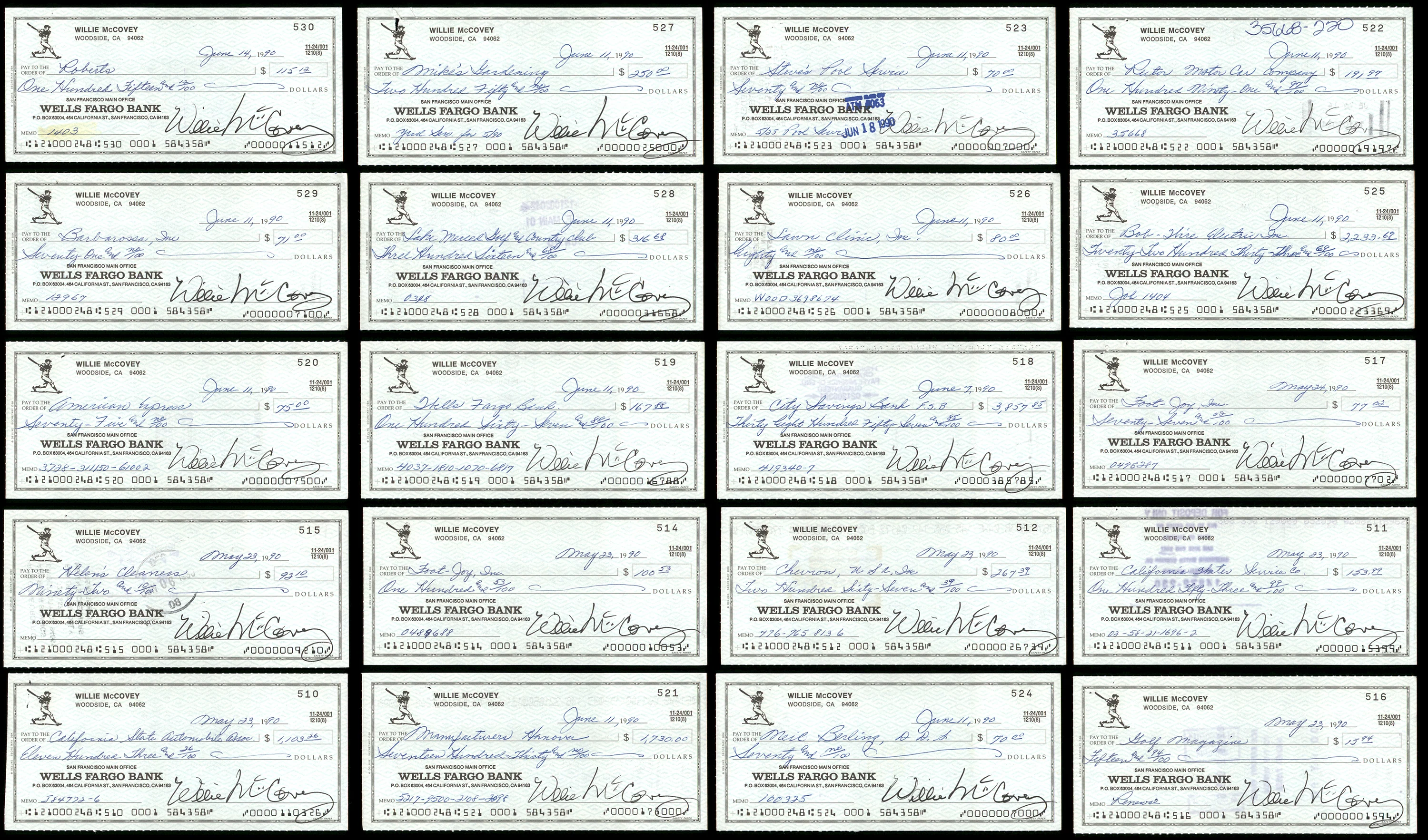 Lot of 20 Willie McCovey Autographed 3x6 Checks San Francisco Giants SKU #219429