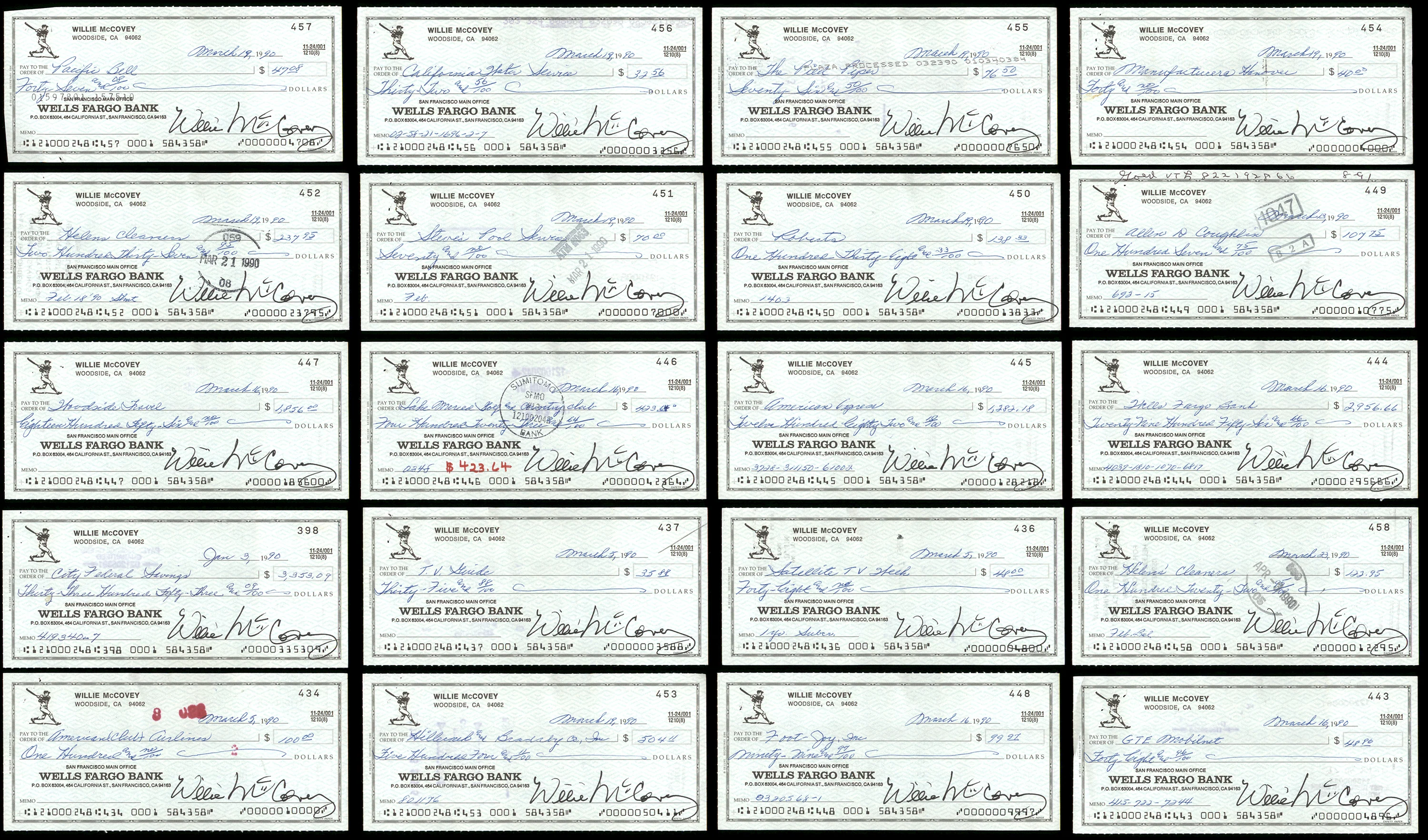 Lot of 50 Willie McCovey Autographed 3x6 Checks San Francisco Giants SKU #219430