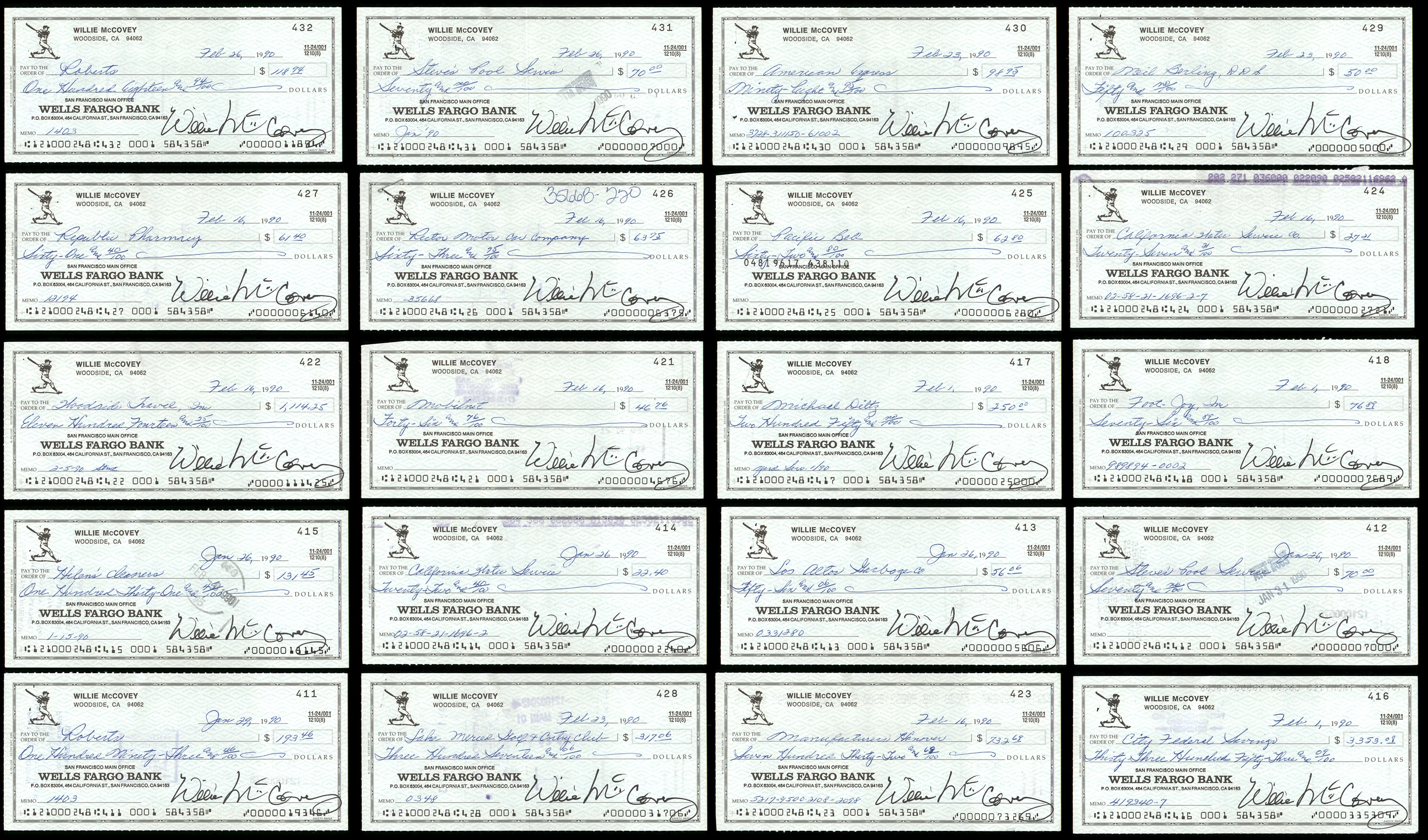 Lot of 50 Willie McCovey Autographed 3x6 Checks San Francisco Giants SKU #219430 - Image 2