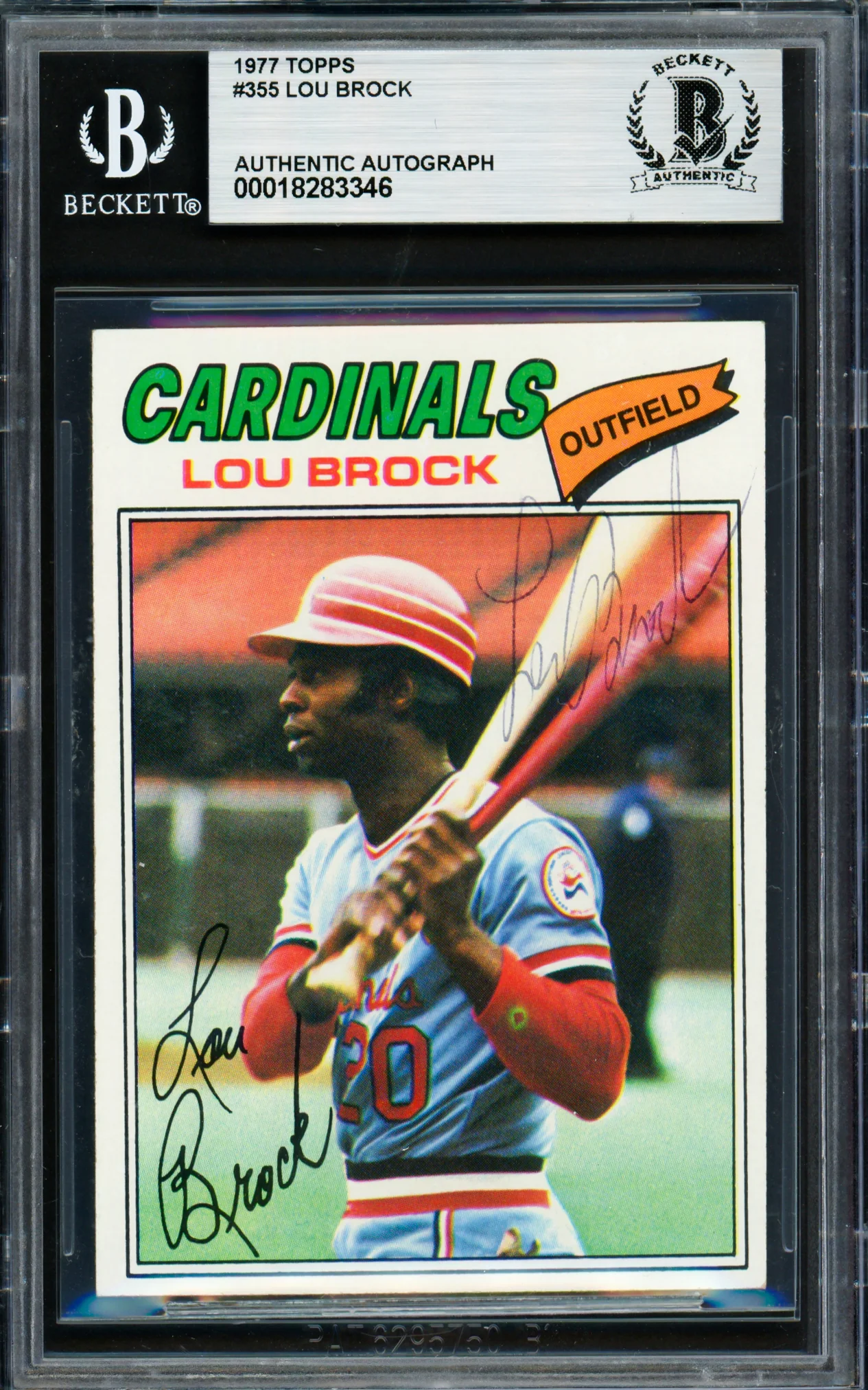Lou Brock Autographed 1977 Topps Card #355 St. Louis Cardinals Beckett BAS #18283346