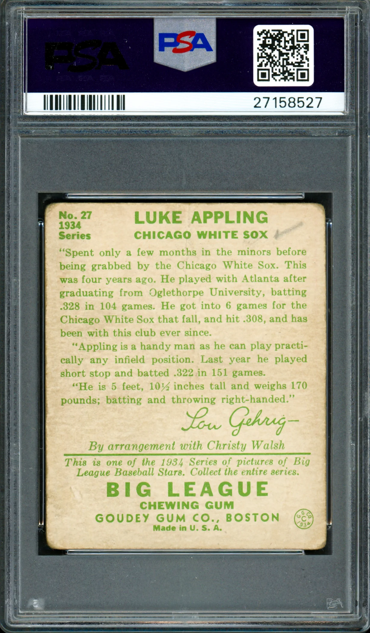 Luke Appling Autographed 1934 Goudey Rookie Card #27 Chicago White Sox PSA 1 Auto Grade Mint 9 PSA/DNA #27158527 - Image 2