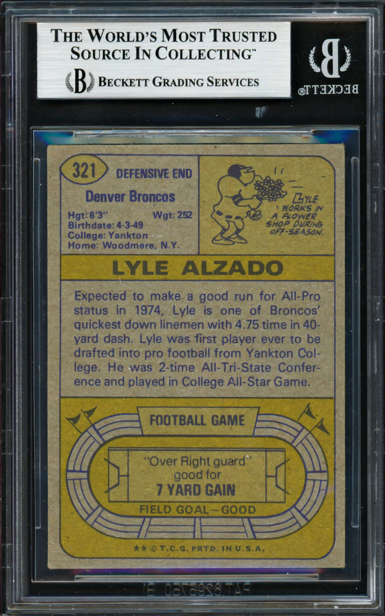 Lyle Alzado Autographed 1974 Topps Card #321 Denver Broncos Beckett BAS #19210173 - Image 2