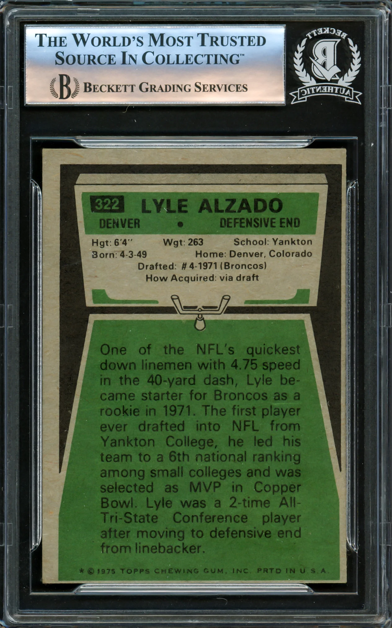 Lyle Alzado Autographed 1975 Topps Card #322 Denver Broncos Beckett BAS #16175401 - Image 2