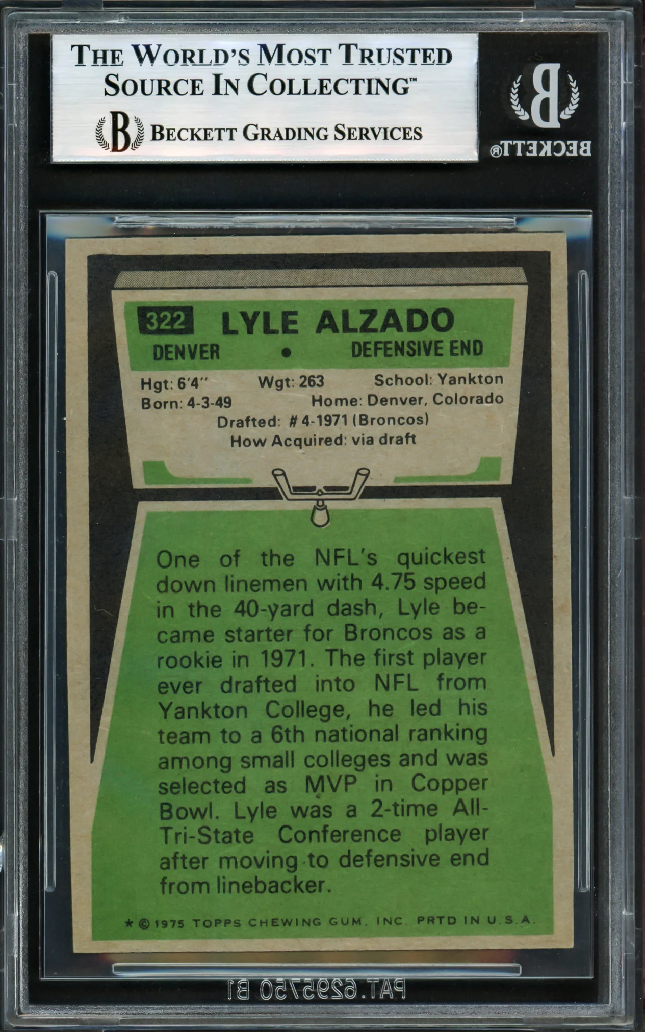 Lyle Alzado Autographed 1975 Topps Card #322 Denver Broncos Beckett BAS #17605670 - Image 2
