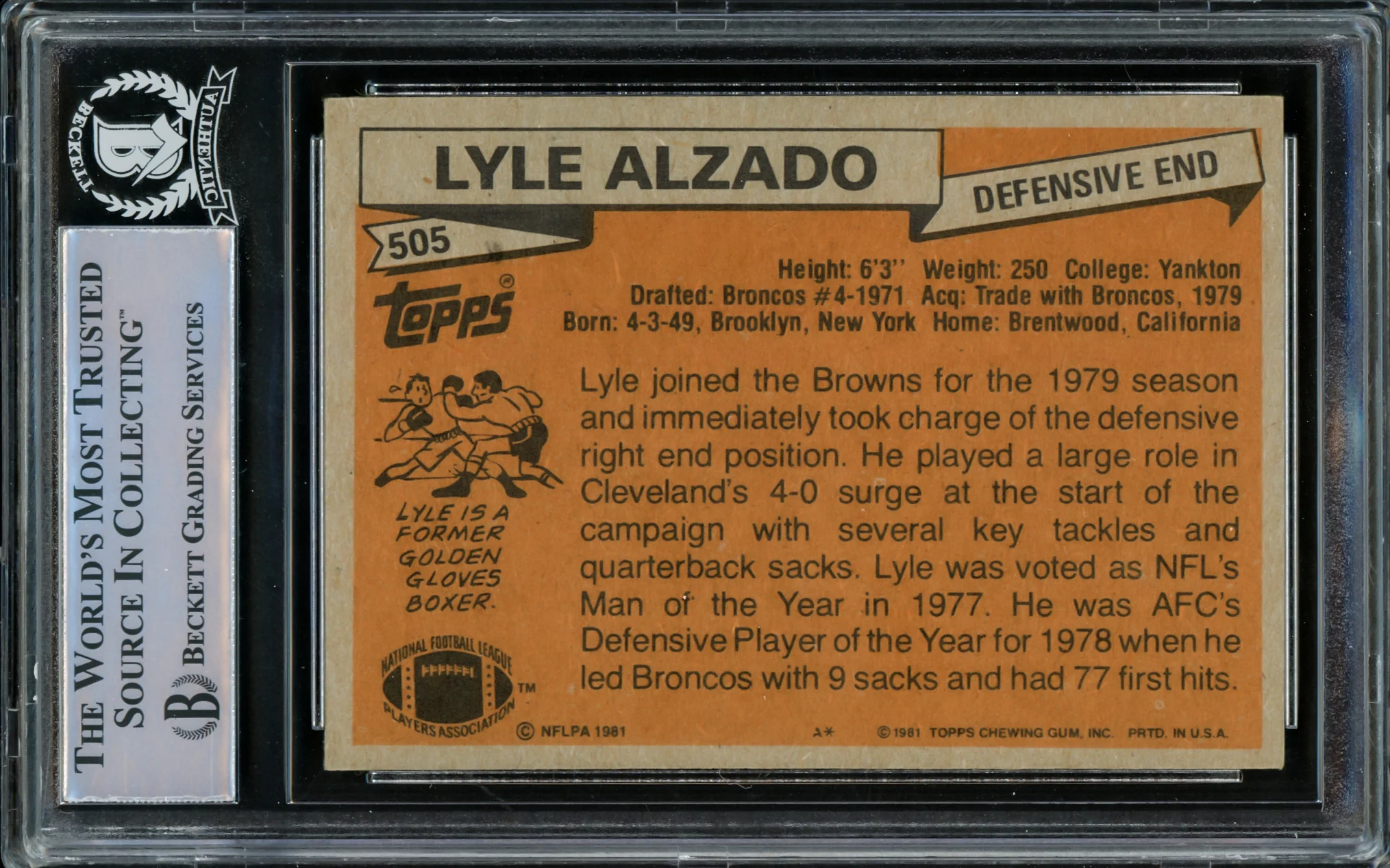Lyle Alzado Autographed 1981 Topps Card #505 Cleveland Browns Beckett BAS #15499682 - Image 2