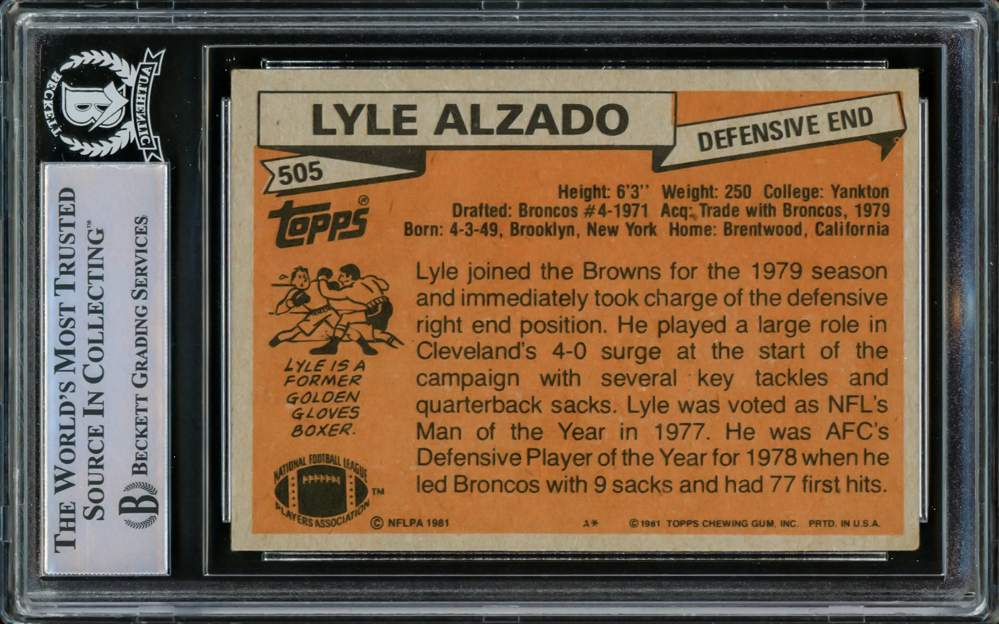 Lyle Alzado Autographed 1981 Topps Card #505 Cleveland Browns Beckett BAS #15778671 - Image 2