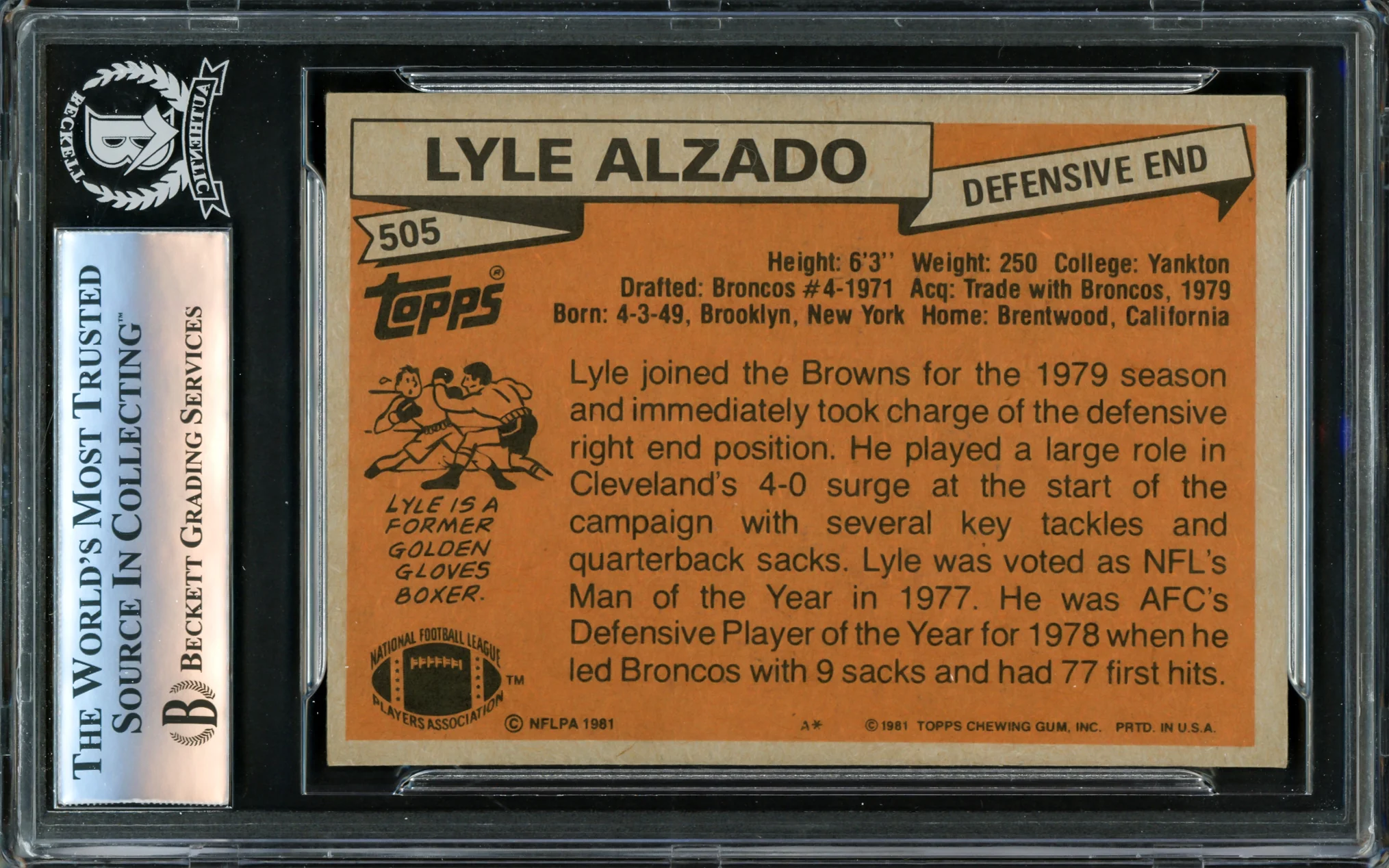 Lyle Alzado Autographed 1981 Topps Card #505 Cleveland Browns Beckett BAS #16340013 - Image 2
