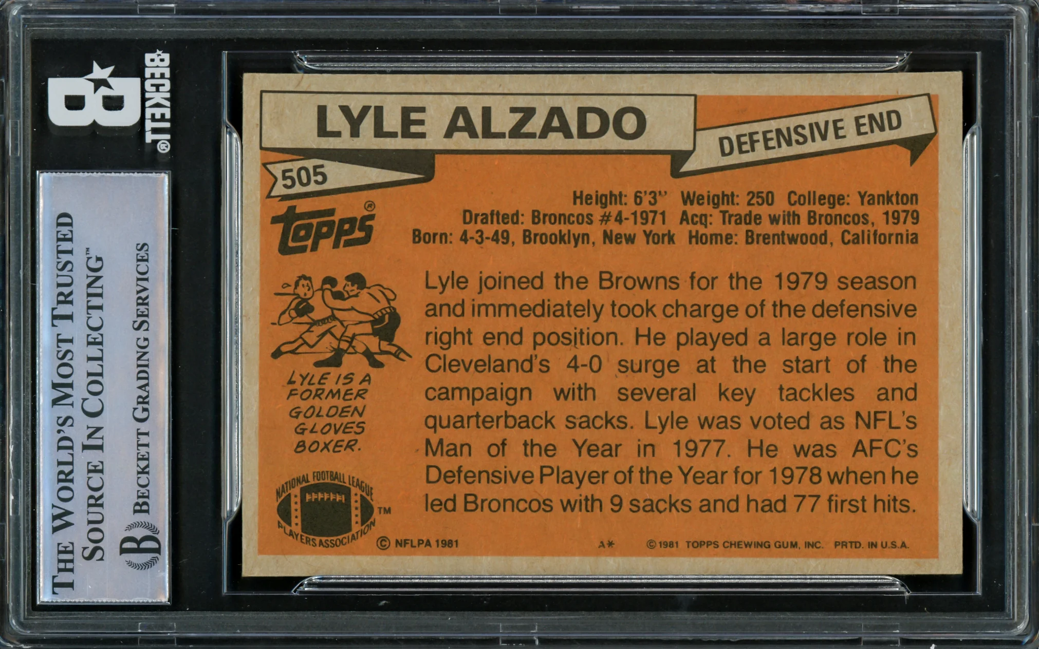 Lyle Alzado Autographed 1981 Topps Card #505 Cleveland Browns Beckett BAS #16545455 - Image 2