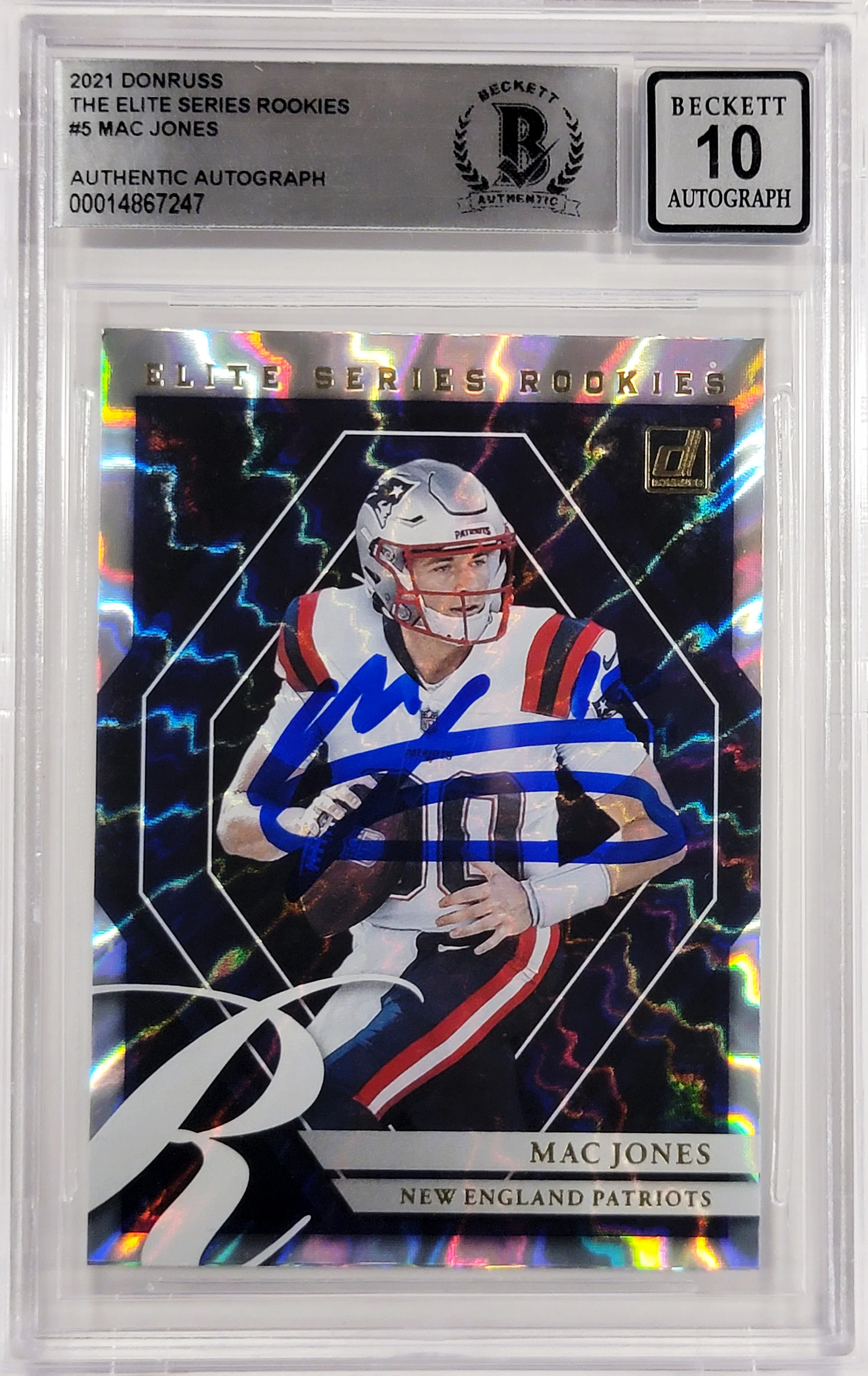 Mac Jones Autographed 2021 Donruss Elite Series Rookies Rookie Card #ESR-MJO New England Patriots Auto Grade Gem Mint 10 Beckett BAS #14867247 - Image 2