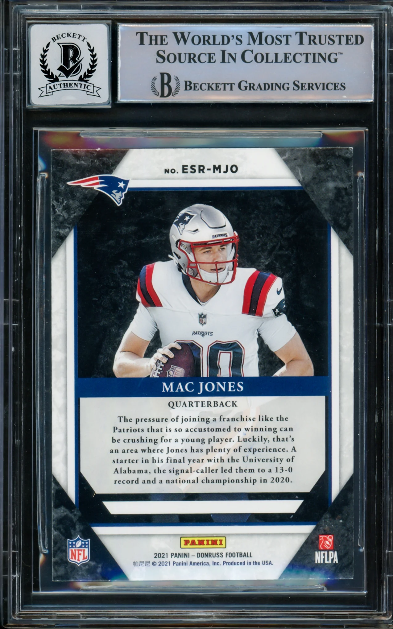 Mac Jones Autographed 2021 Donruss Elite Series Rookies Rookie Card #ESR-MJO New England Patriots Auto Grade Gem Mint 10 Beckett BAS #14867247 - Image 4