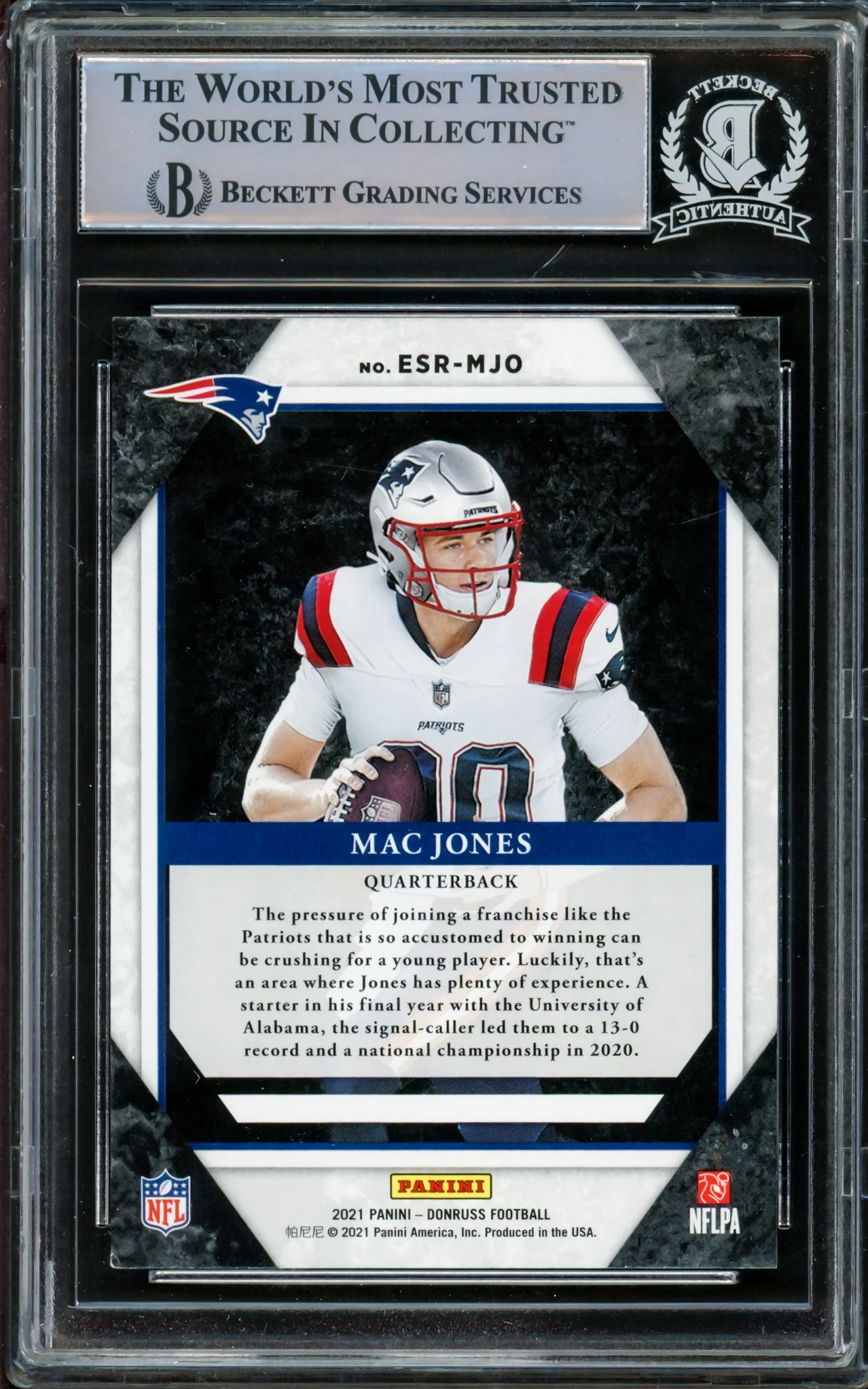 Mac Jones Autographed 2021 Donruss Elite Series Rookies Rookie Card #ESR-MJO New England Patriots Beckett BAS #14860822 - Image 2