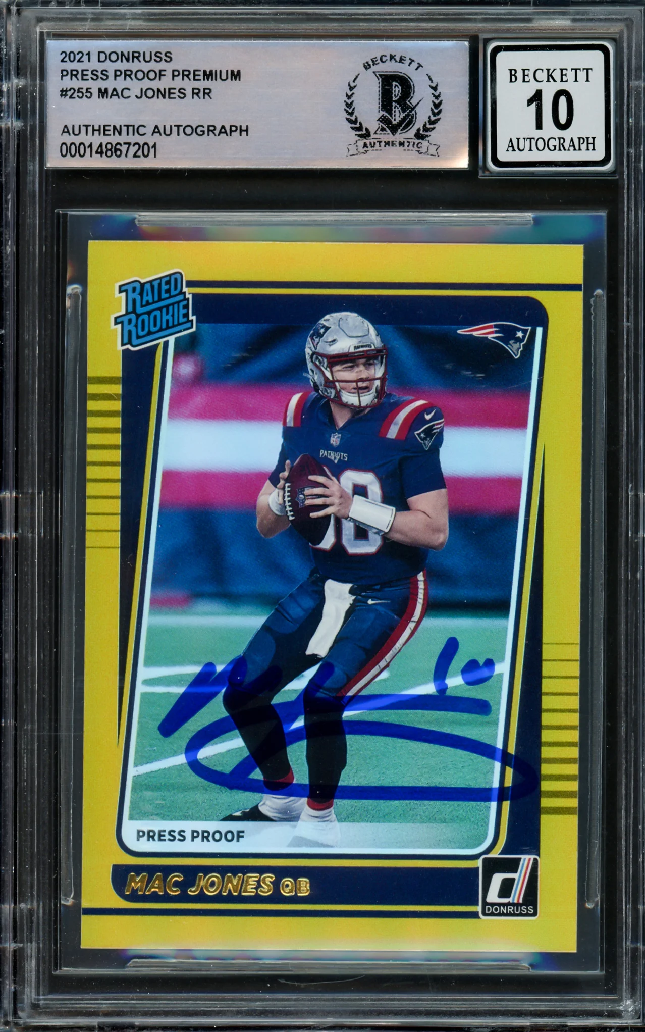 Mac Jones Autographed 2021 Donruss Gold Press Proof Premium Rookie Card #255 New England Patriots Auto Grade Gem Mint 10 Beckett BAS Stock #215497