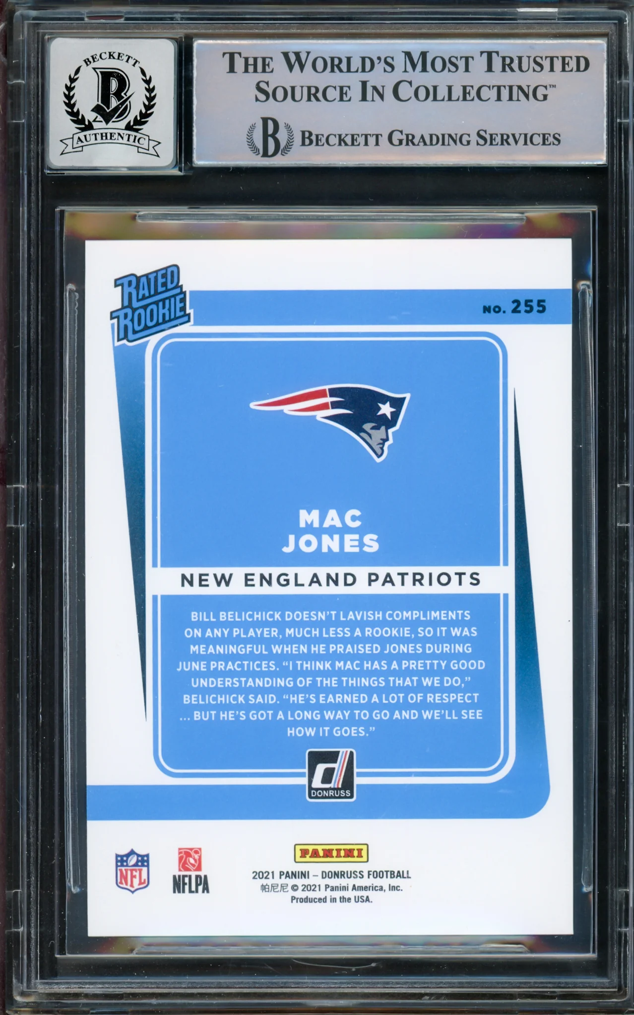 Mac Jones Autographed 2021 Donruss Gold Press Proof Premium Rookie Card #255 New England Patriots Auto Grade Gem Mint 10 Beckett BAS Stock #215497 - Image 2