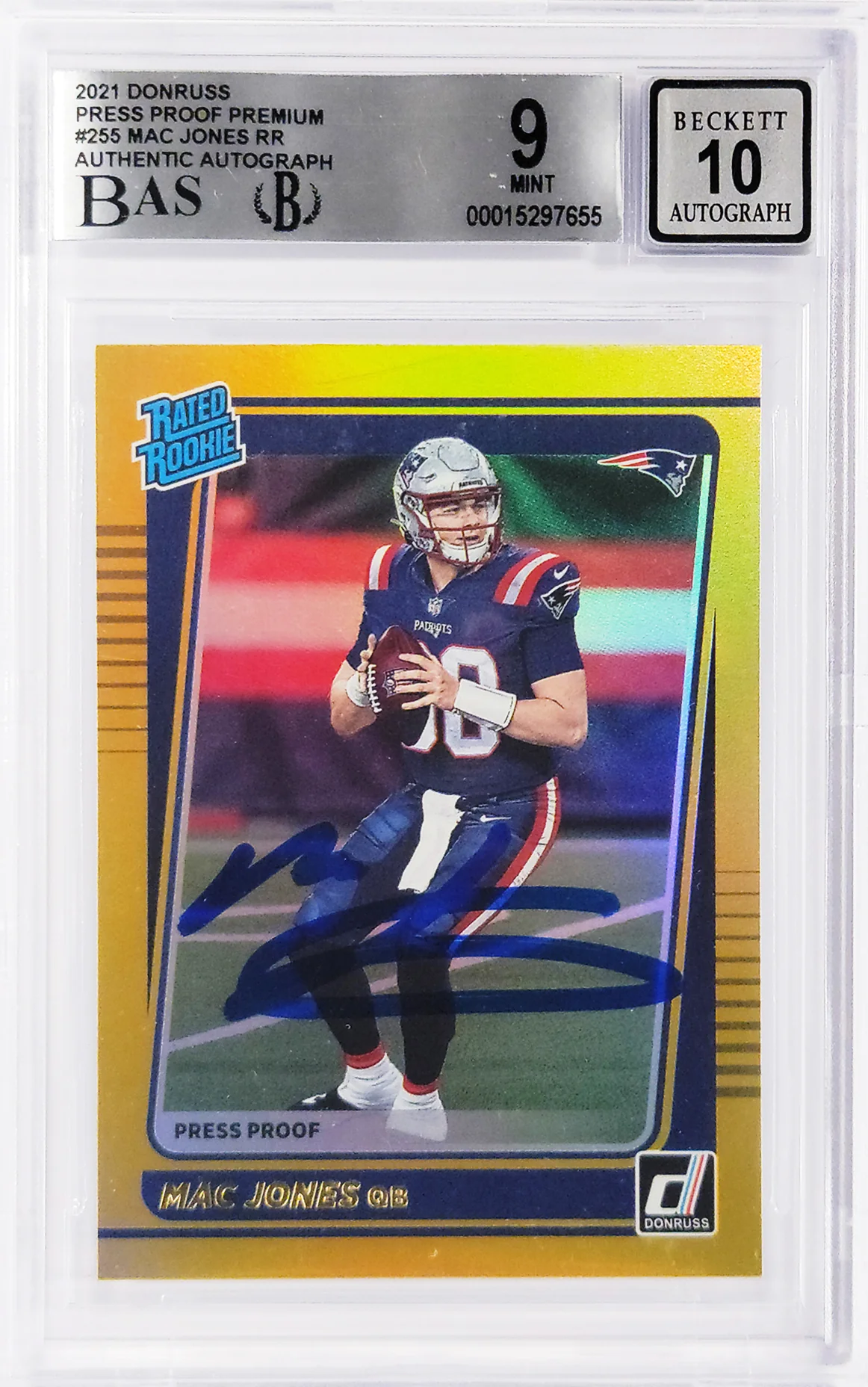 Mac Jones Autographed 2021 Donruss Gold Press Proof Premium Rookie Card #255 New England Patriots BGS 9 Auto Grade Gem Mint 10 Beckett BAS #15297655 - Image 2