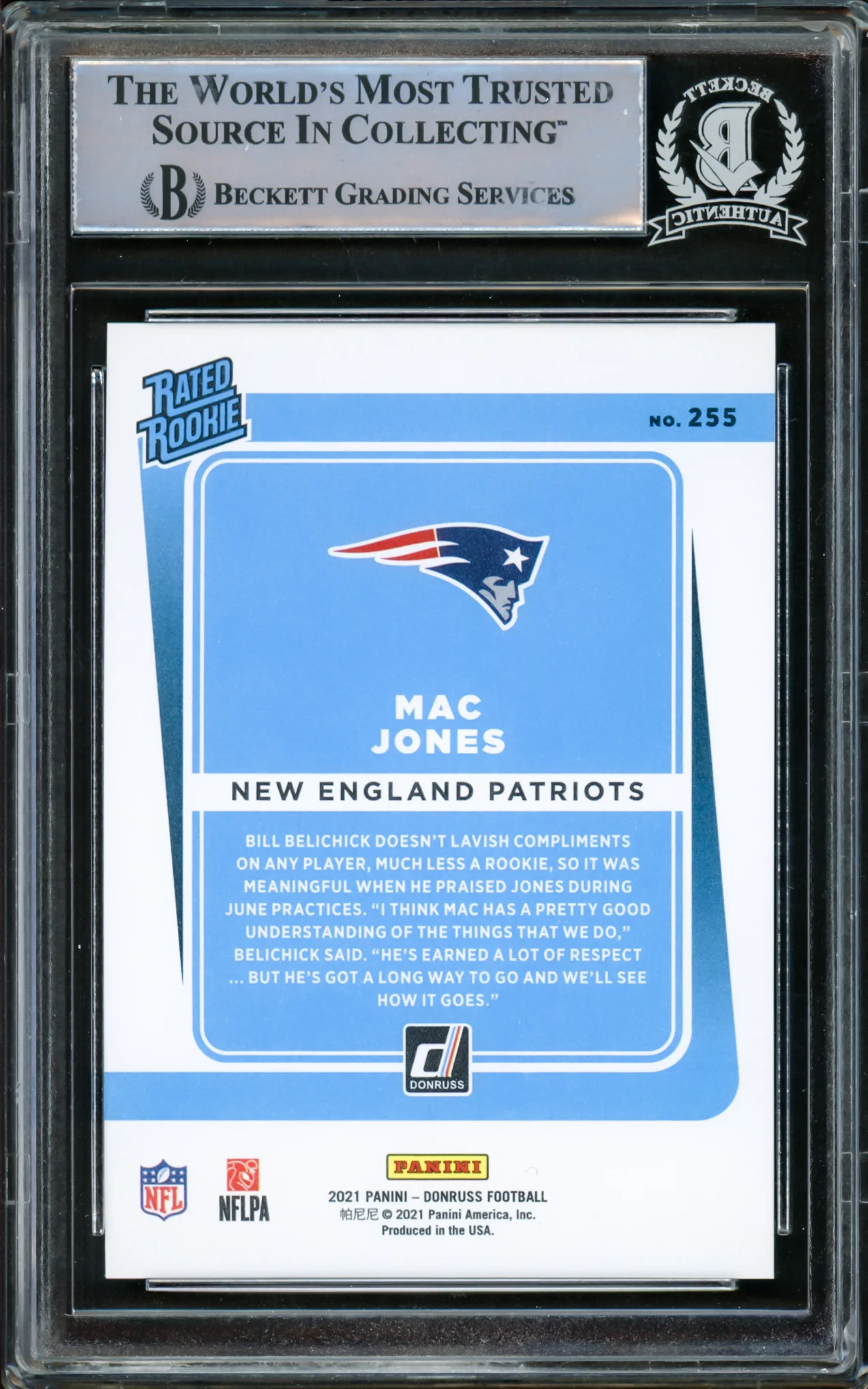 Mac Jones Autographed 2021 Donruss Gold Press Proof Rookie Card #255 New England Patriots Beckett BAS Stock #220336 - Image 2