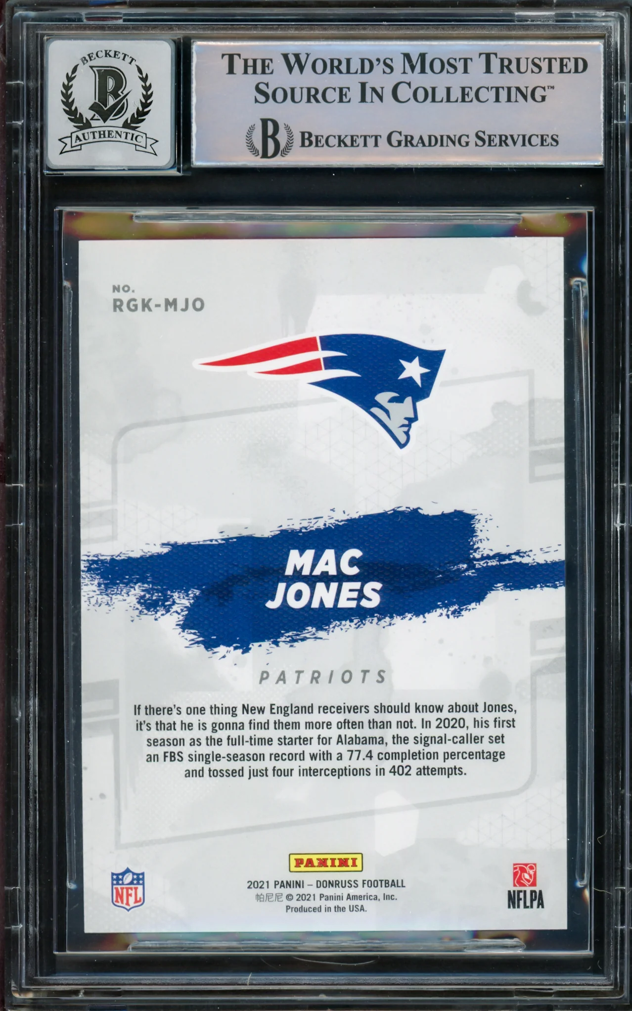 Mac Jones Autographed 2021 Donruss Gridiron Kings Rookie Card #RGK-MJO New England Patriots Auto Grade Gem Mint 10 Beckett BAS #14867246 - Image 2