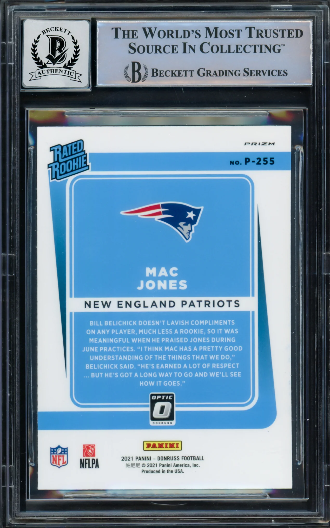 Mac Jones Autographed 2021 Donruss Optic Preview Pink Rookie Card #P-255 New England Patriots Auto Grade Gem Mint 10 Beckett BAS #14867229 - Image 2