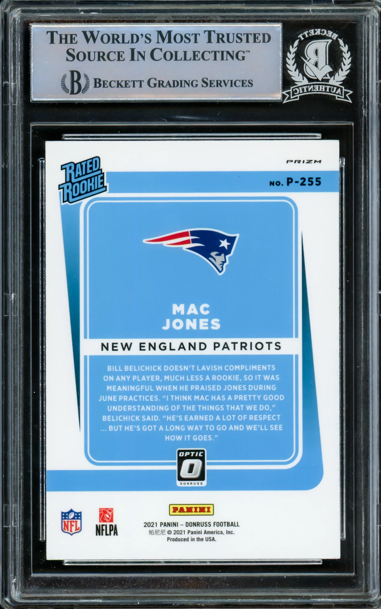 Mac Jones Autographed 2021 Donruss Optic Preview Red & Green Rookie Card #P-255 New England Patriots Beckett BAS #14860693 - Image 2