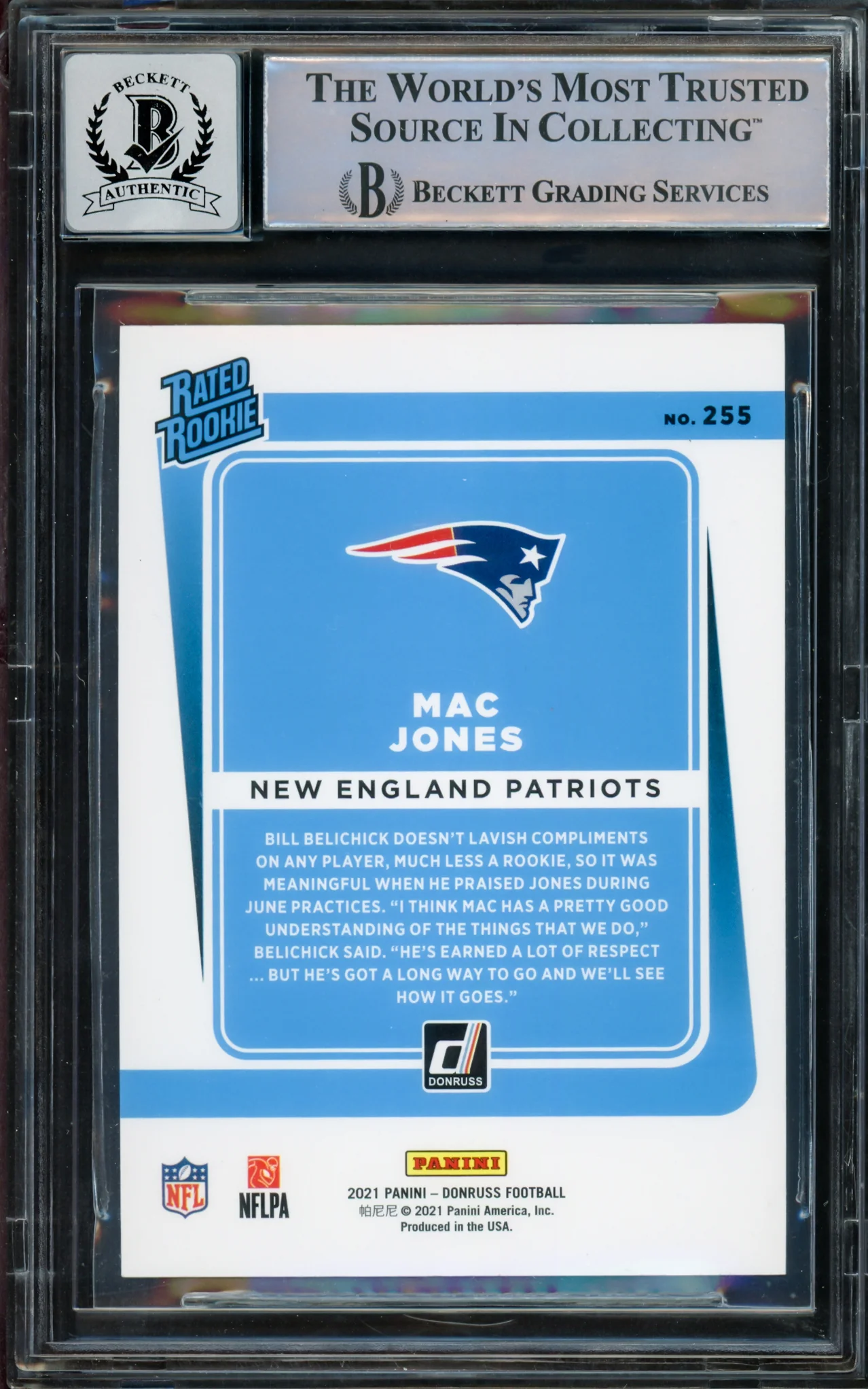 Mac Jones Autographed 2021 Donruss Rated Rookie Blue Press Proof Rookie Card #255 New England Patriots Auto 10 Beckett BAS Stock #210511 - Image 2