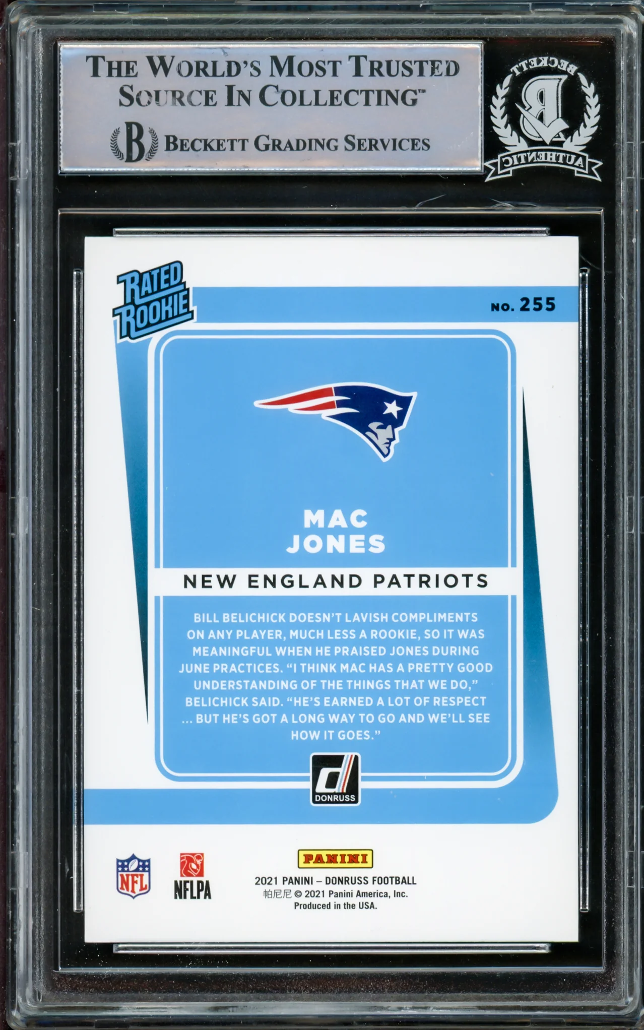 Mac Jones Autographed 2021 Donruss Rated Rookie Bronze Press Proof Rookie Card #255 New England Patriots Beckett BAS #14860788 - Image 2