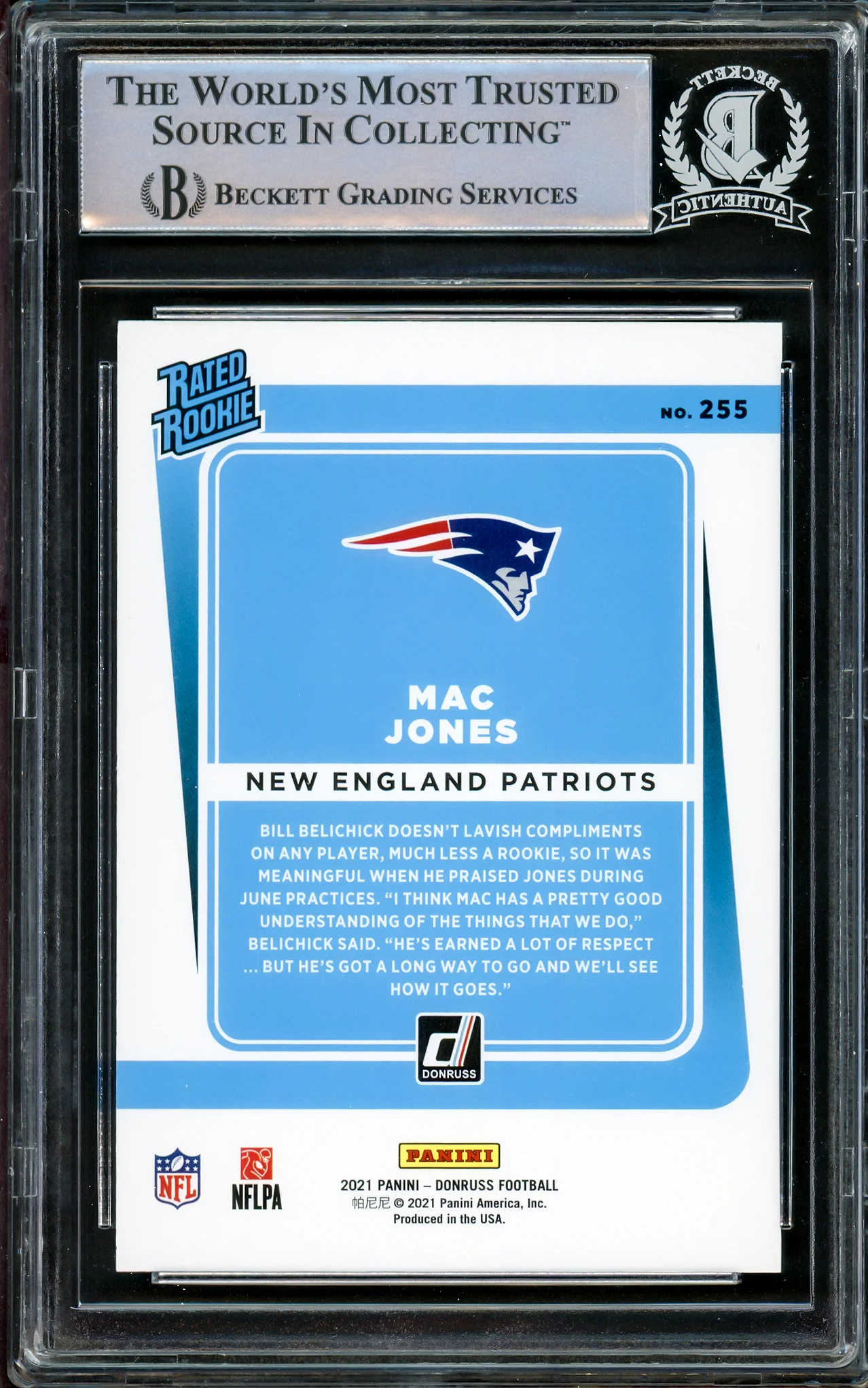 Mac Jones Autographed 2021 Donruss Rated Rookie Card #255 New England Patriots Beckett BAS Stock #206630 - Image 2