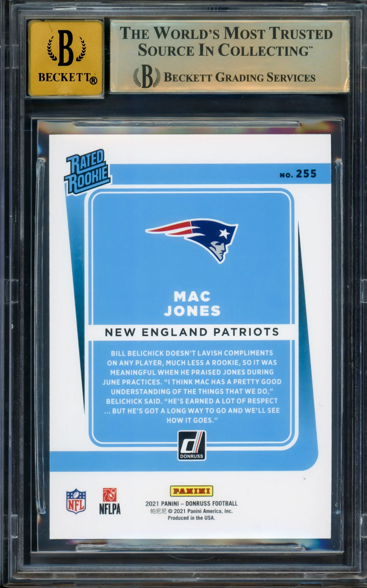 Mac Jones Autographed 2021 Donruss Rated Rookie Card #255 New England Patriots BGS 9.5 Auto Grade Gem Mint 10 Beckett BAS Stock #211836 - Image 2