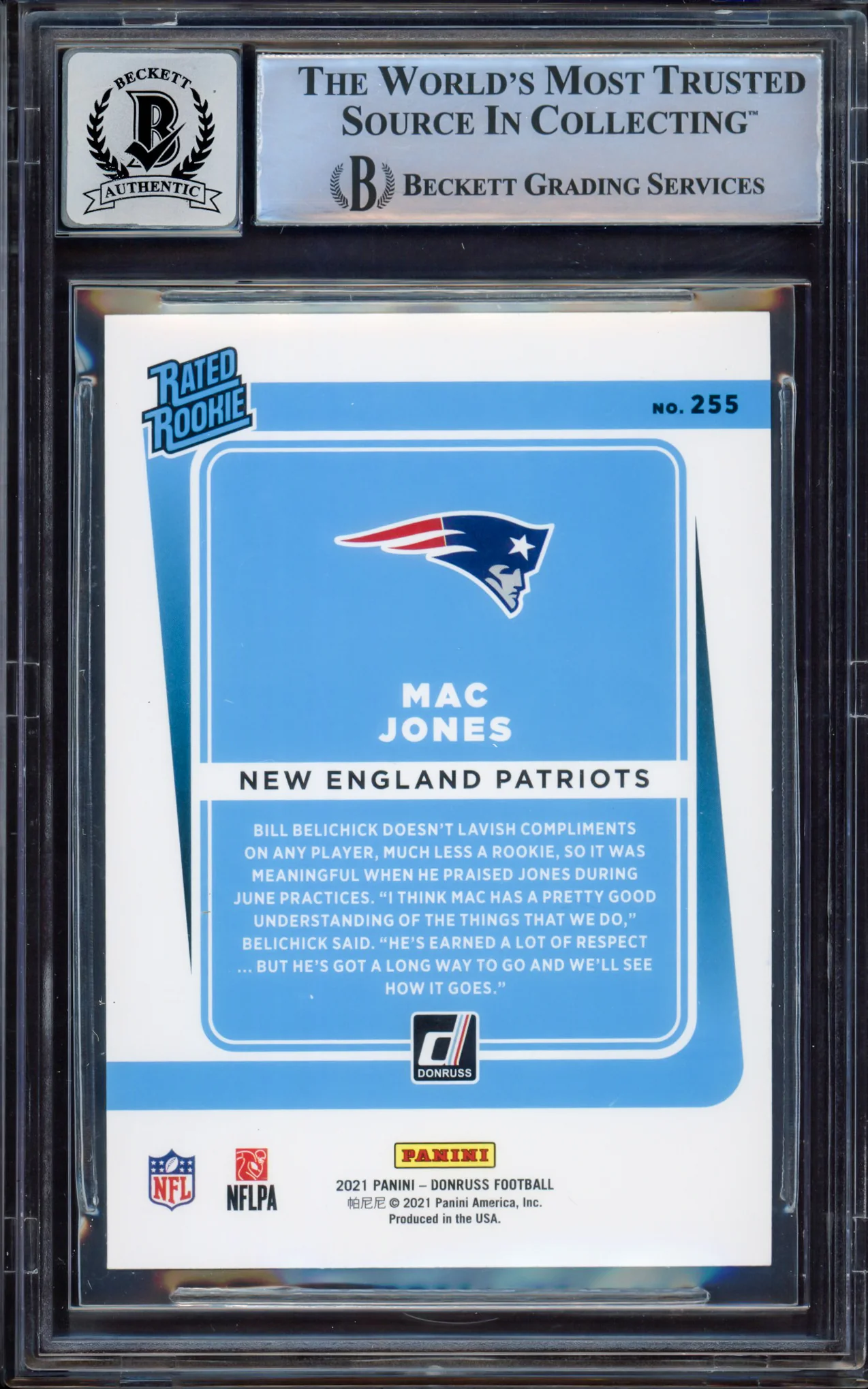 Mac Jones Autographed 2021 Donruss Rated Rookie Card #255 New England Patriots BGS 9 Auto Grade Near Mint/Mint 8 Beckett BAS #15467833 - Image 2
