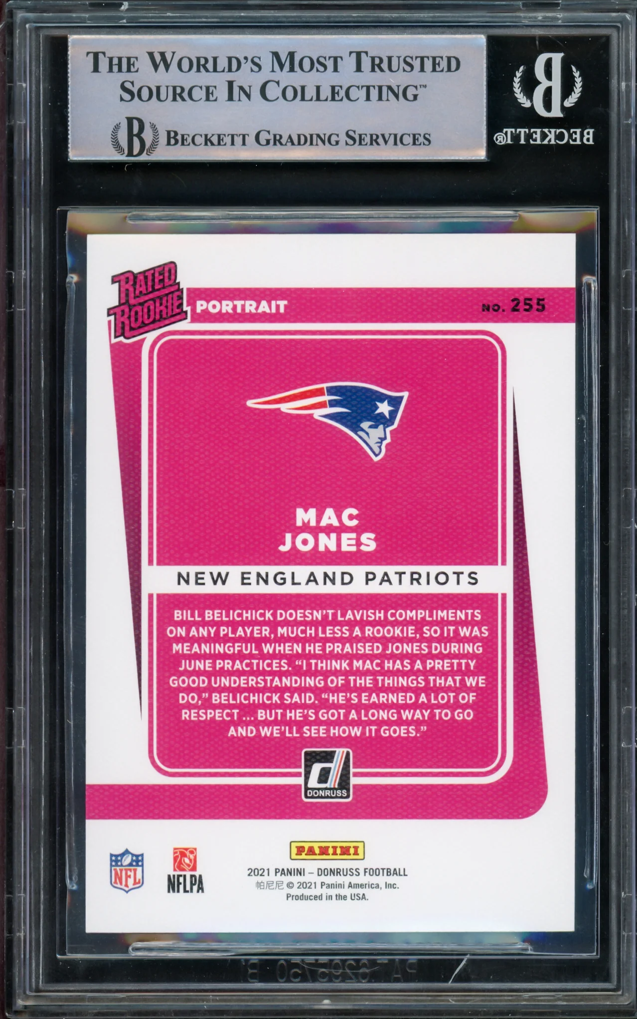 Mac Jones Autographed 2021 Donruss Rated Rookie Portrait Rookie Card #255 New England Patriots Beckett BAS #15298146 - Image 2
