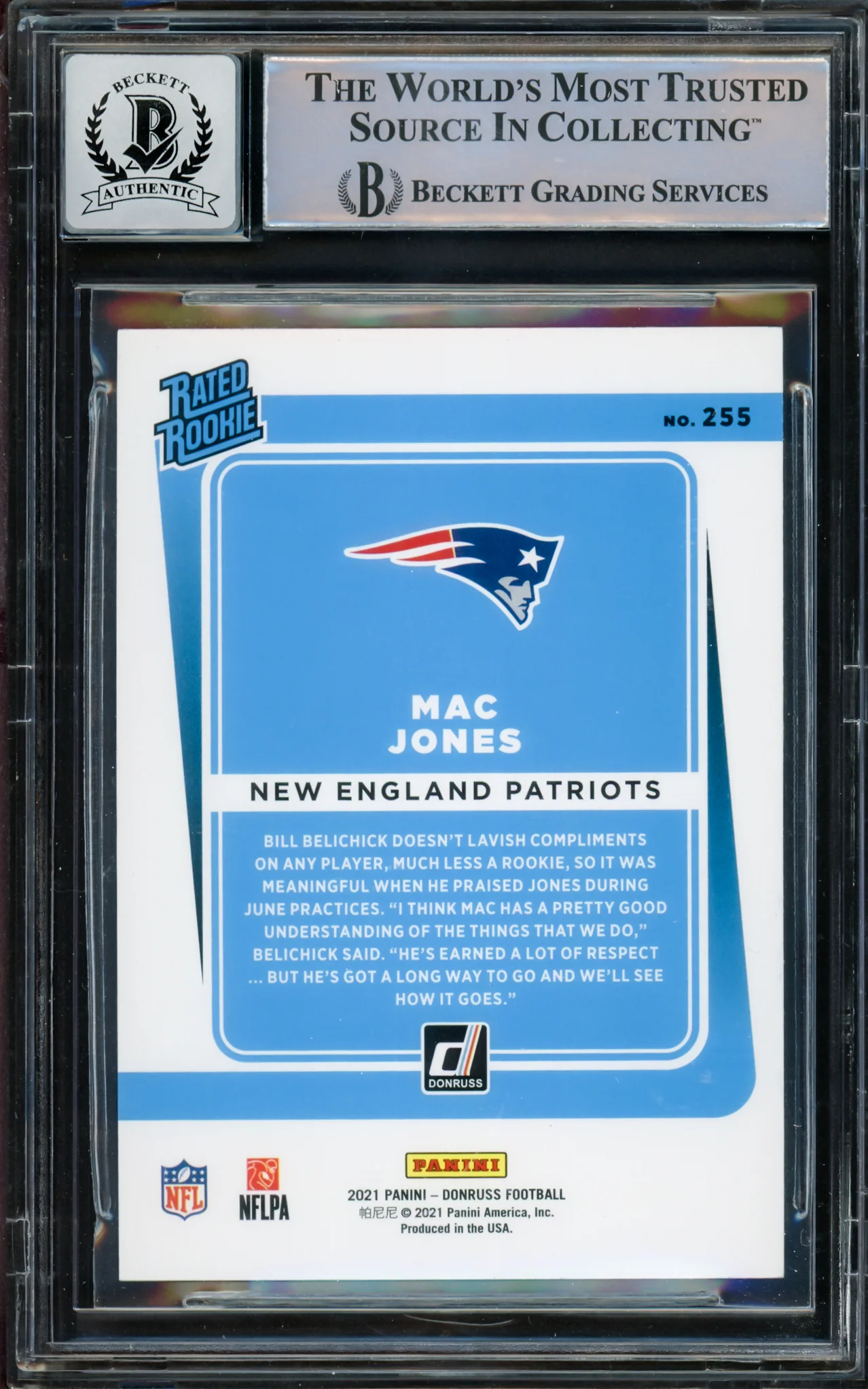 Mac Jones Autographed 2021 Donruss Rated Rookie Red Press Proof Rookie Card #255 New England Patriots Auto Grade Gem Mint 10 Beckett BAS #14867220 - Image 2
