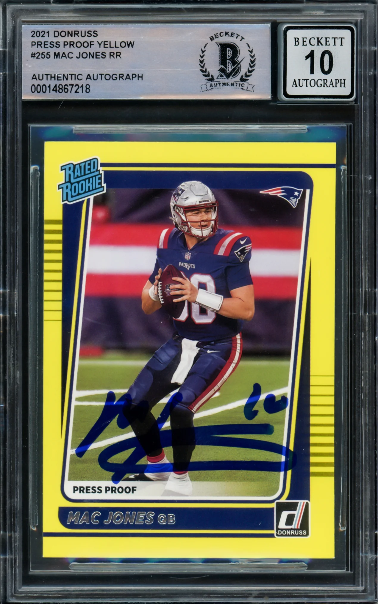 Mac Jones Autographed 2021 Donruss Rated Rookie Yellow Press Proof Rookie Card #255 New England Patriots Auto Grade Gem Mint 10 Beckett BAS #14867218